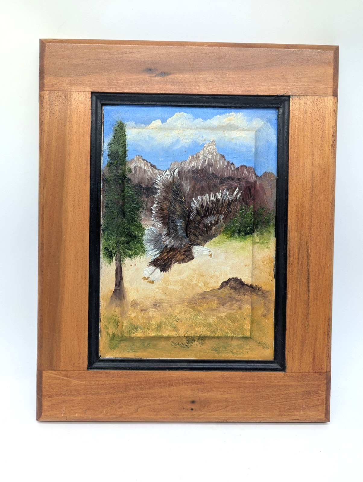 Original Hand-Painted Bald Eagle Oil on Vintage Cabinet Door Rustic Southwest