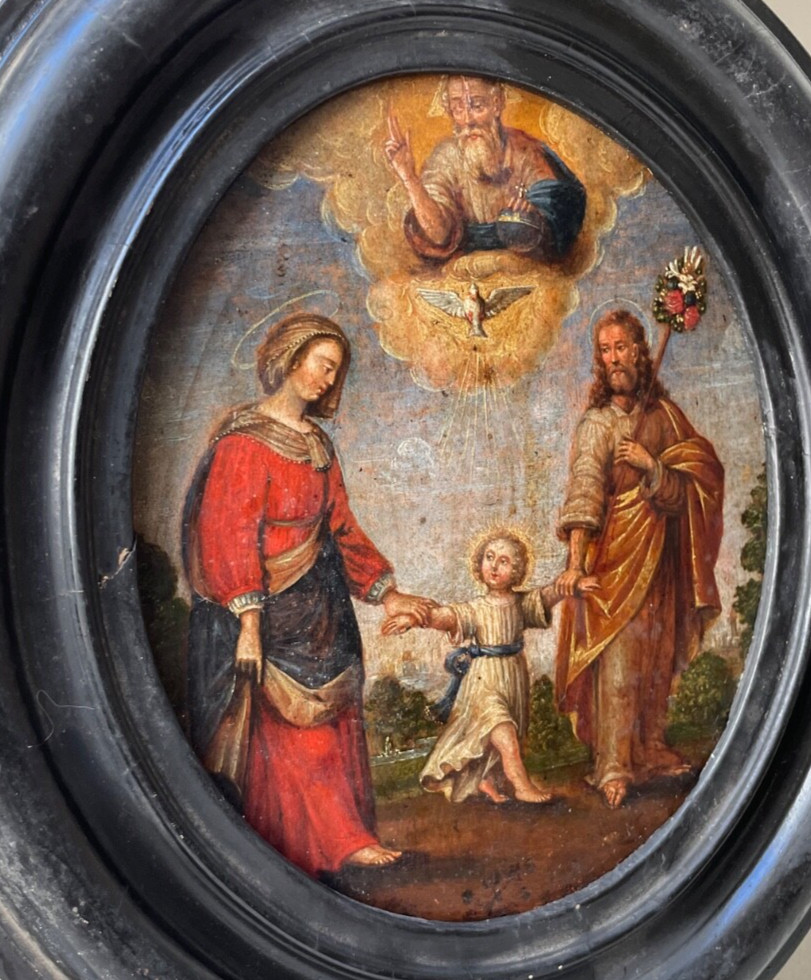 17th CENTURY – THE HOLY FAMILY – SPANISH COLONIAL RELIGIOUS – OIL ON PANEL