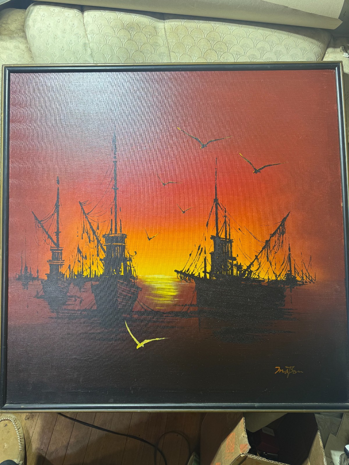 Huge MoBon «Nautical Scene Of Ships At Dawn» Oil Painting – Signed And Framed