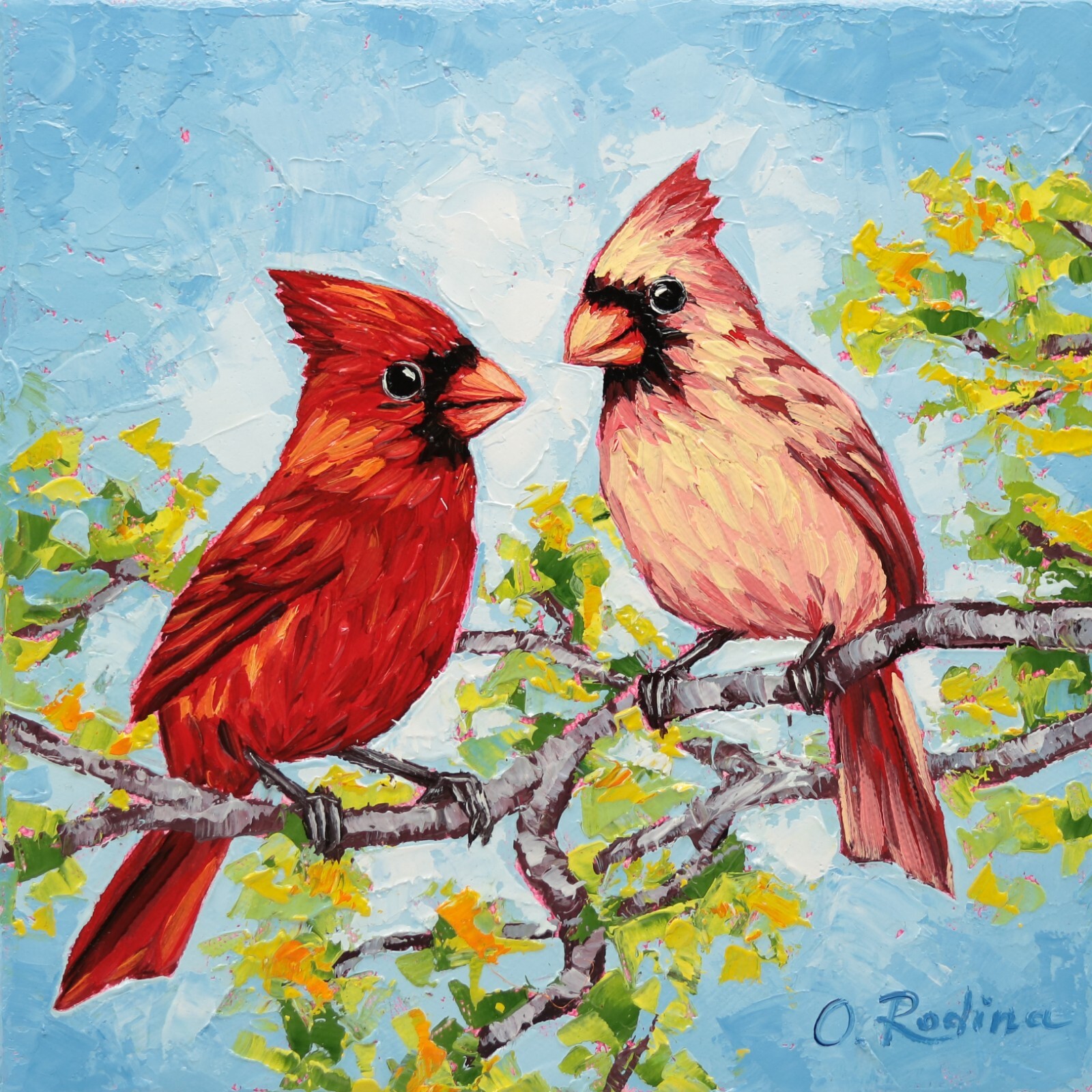 Oil Painting Original on Canvas Red Cardinal Male Female Cardinal Pair of Birds
