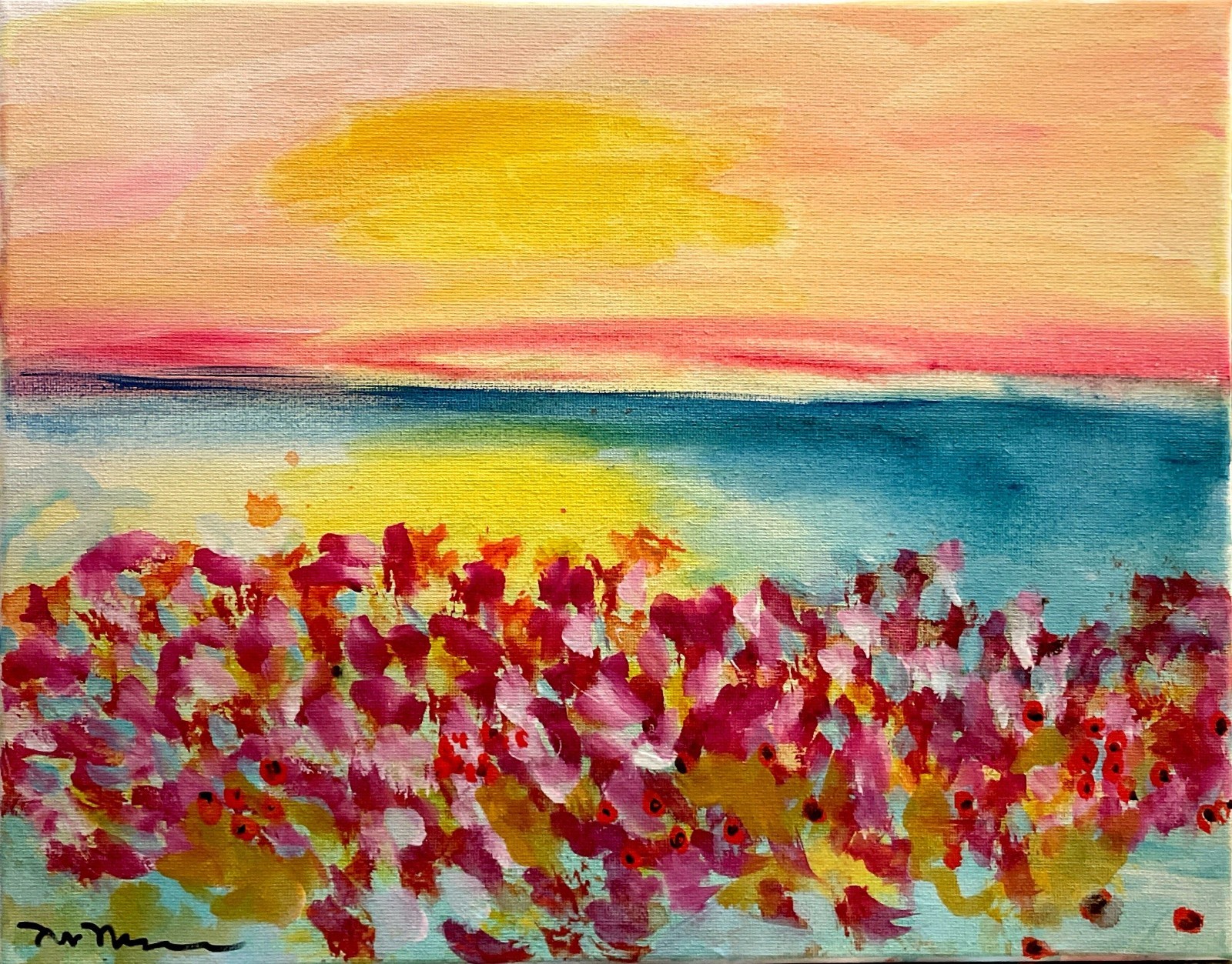 Mary Myers Original Abstract Expressionism 11×14 Sunset Poppies Seascape Signed