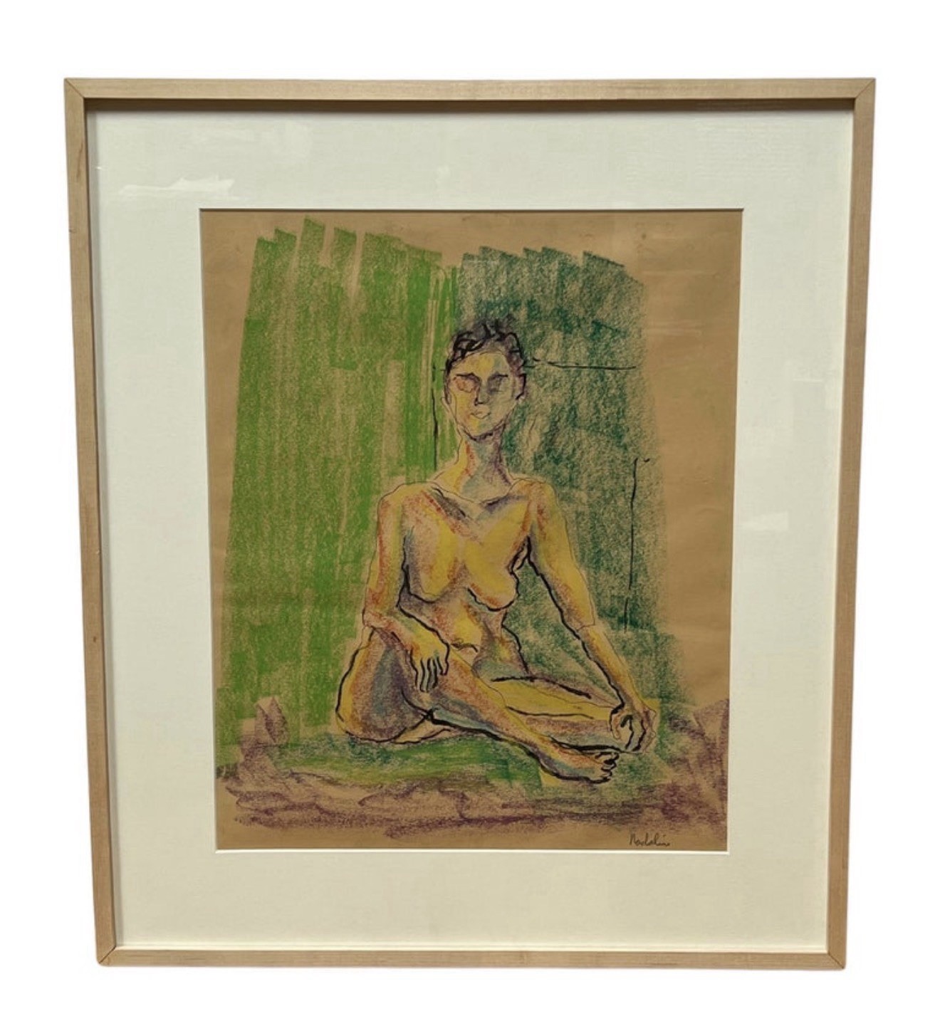 “Nude in the Green Realm” Sitting Woman Portrait – Pastel by Louis Nadalini