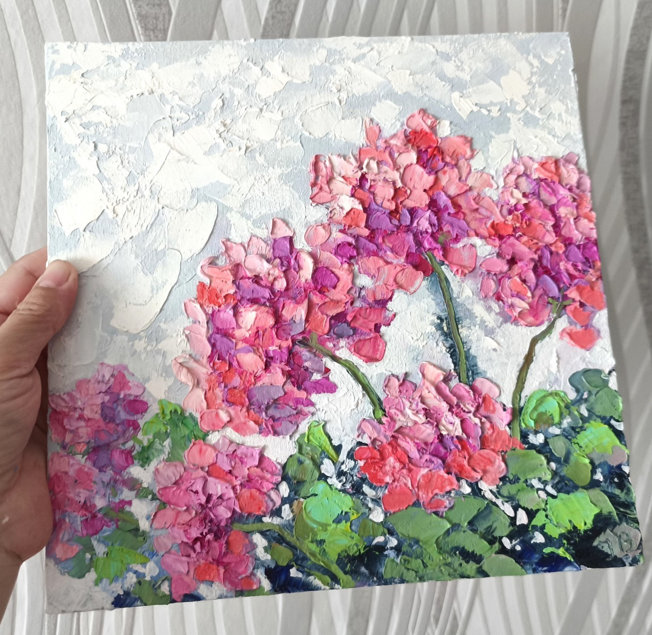 Geranium Original Art Oil painting Impasto Art Flowers on Canvas Board 25x25cm