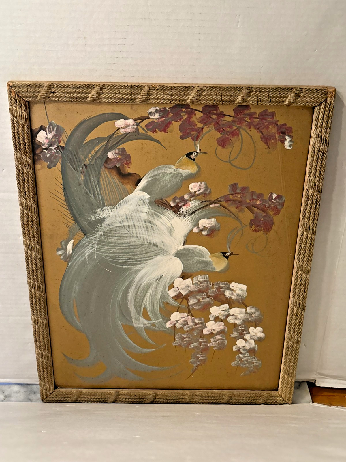 Vintage 1950s White Asian Bird Reverse Painted Glass Framed Picture MCM Wall Art