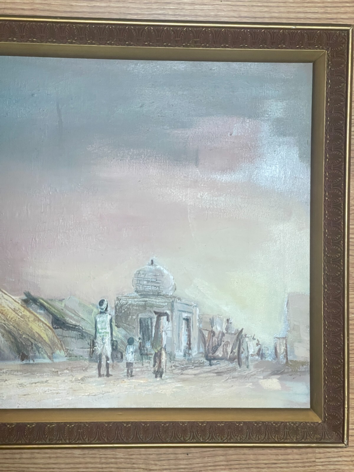 Vintage Albert Singh India Desert Landscape Village People Original Oil Painting