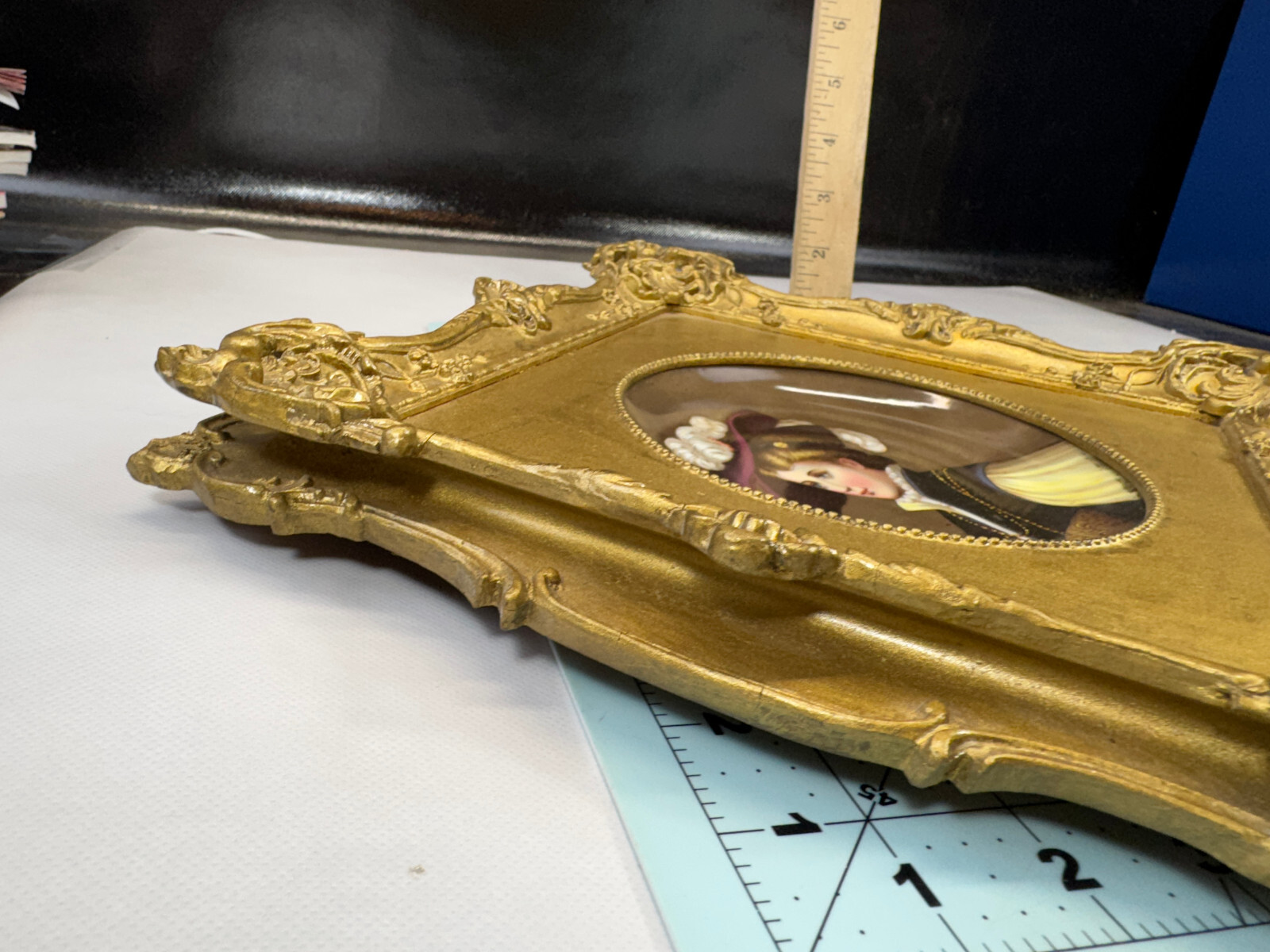 Hand Painted Porcelain Portrait Plaque in Ornate Gold Wood Frame