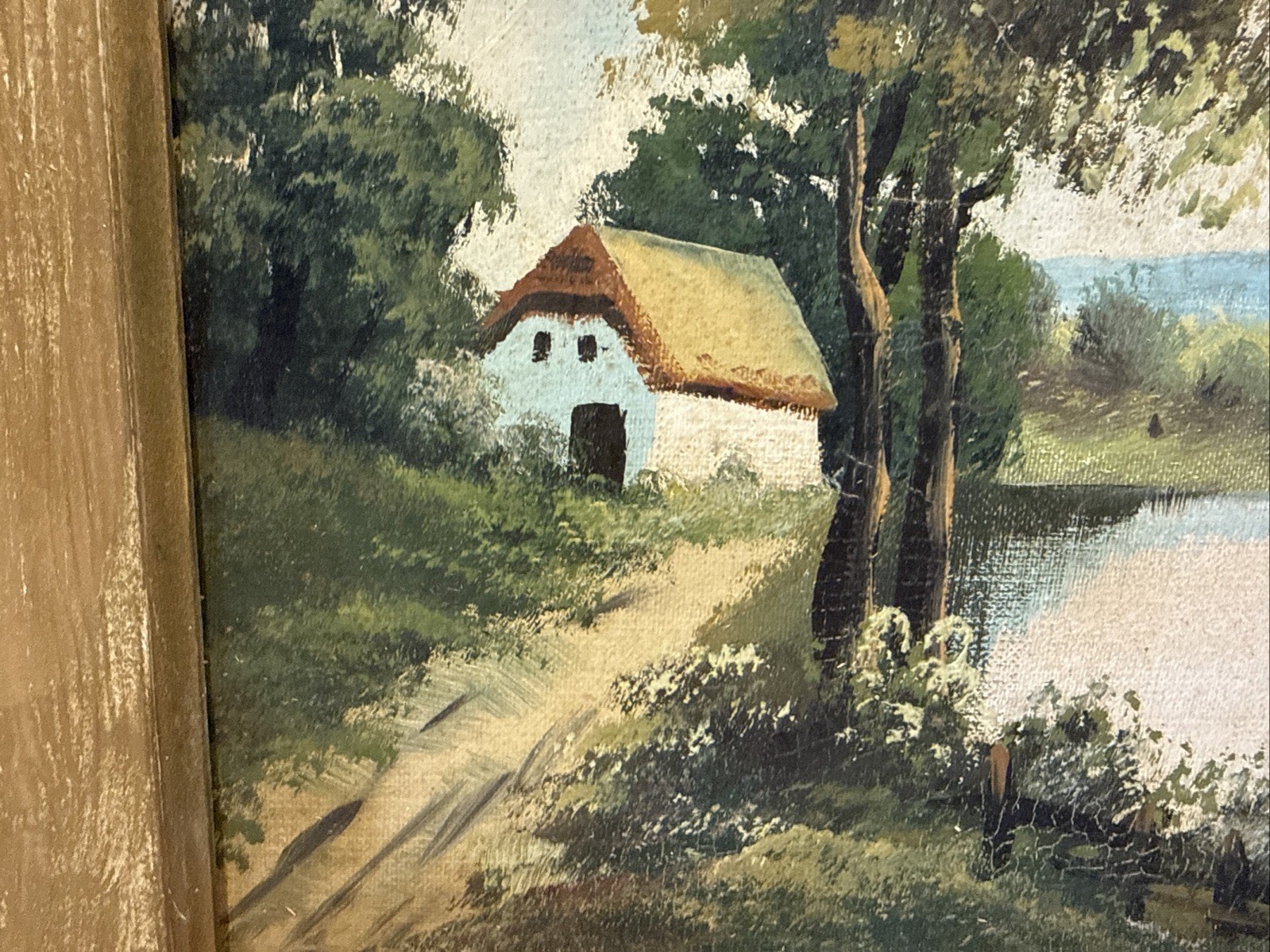 Real Signed Oil On Canvas Painting Realism Lake Stream Cottage Mountain 17×14”