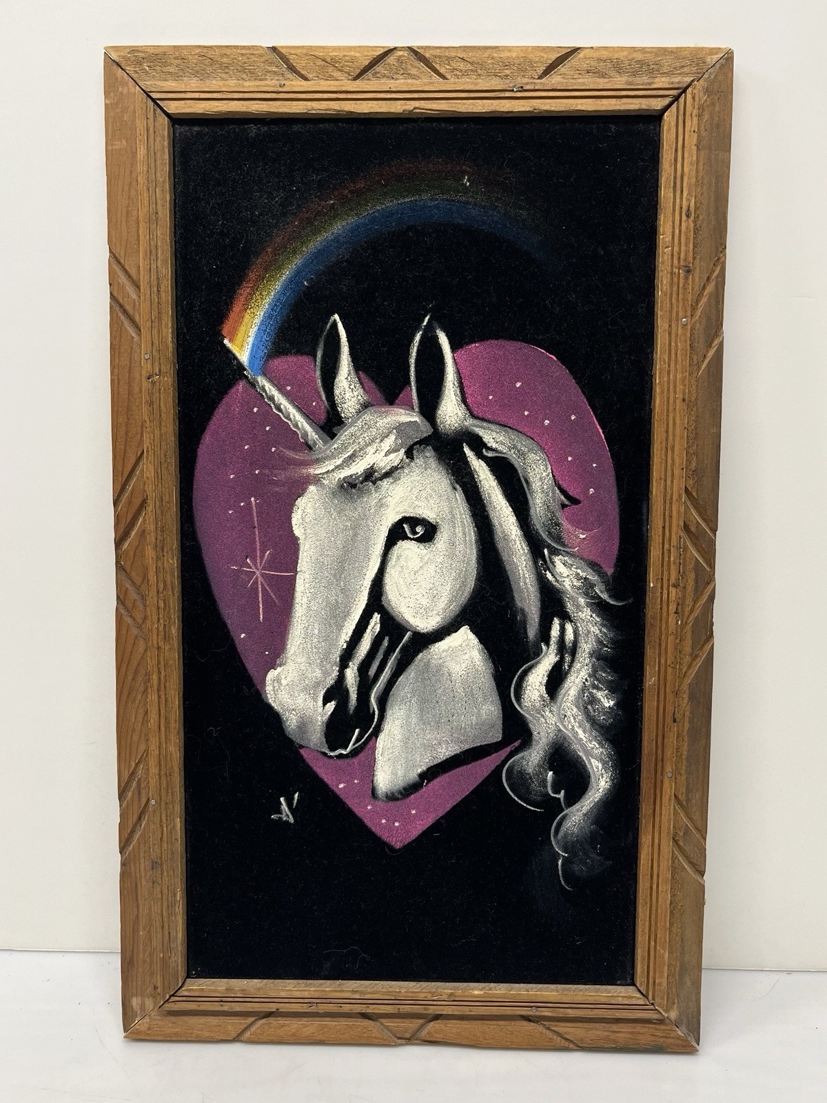 Vintage Framed Velvet Painting 22.5″ x 13.5″ UNICORN IN HEART w/ RAINBOW HORN