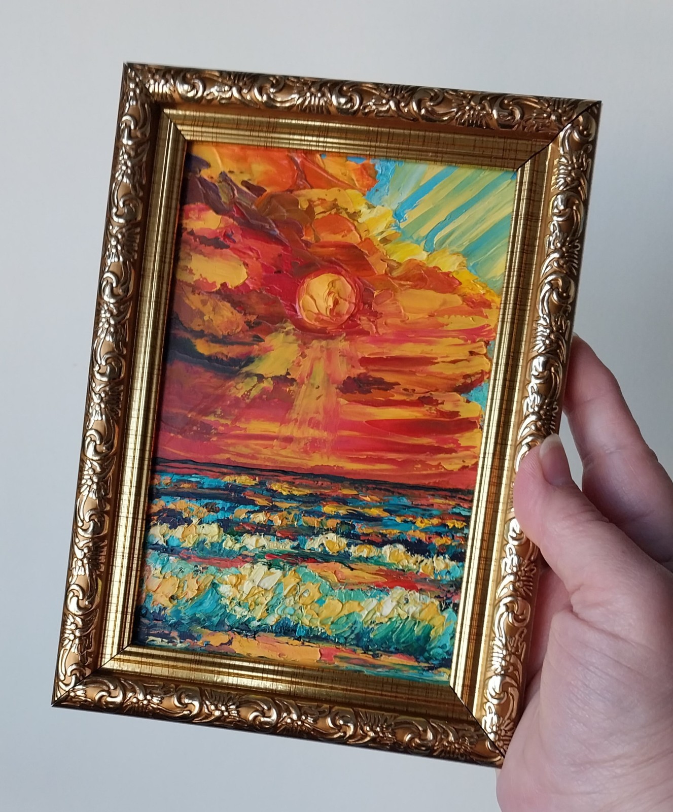 Framed Small Seascape Bright Sunset Sky Art 4×6” Impasto Original Oil Painting