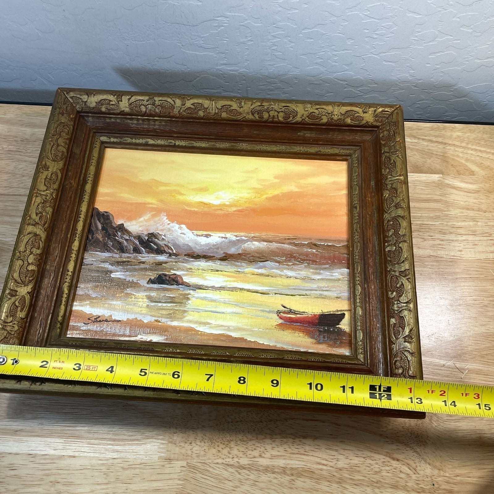 Ocean Waves Crashing on Beach Rocks at Sunset Acrylic on Canvas Framed Signed