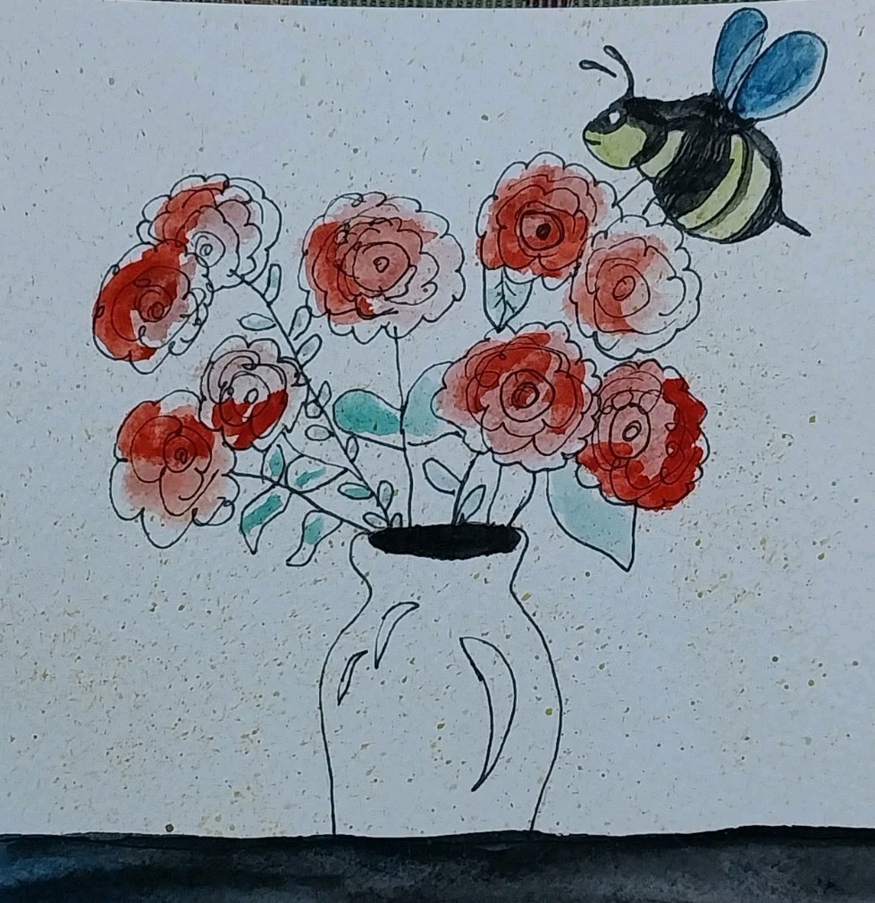 GAT Original Mixed Media IMPRESSIONISM Painting Bumble Bee 6×6 Flower Vase Art