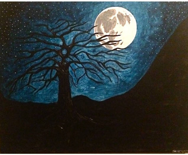 Original Art on Canvas Acrylic Painting of Moon and Tree – Midnight Dream