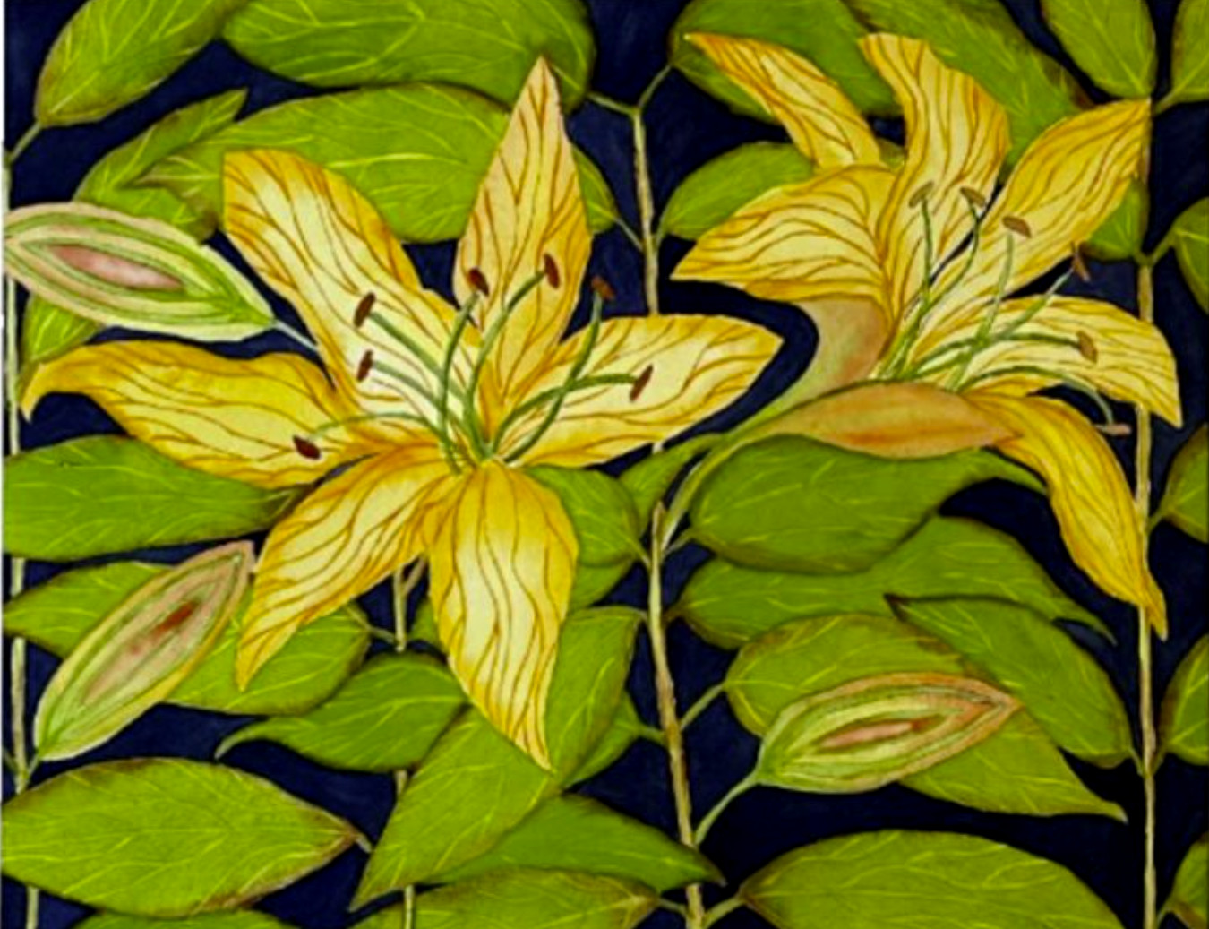PAINTING WATERCOLOR 11X14 AND WHITE MAT 16X20 FLOWER LILY ORANGE YELLOW ORIGINAL