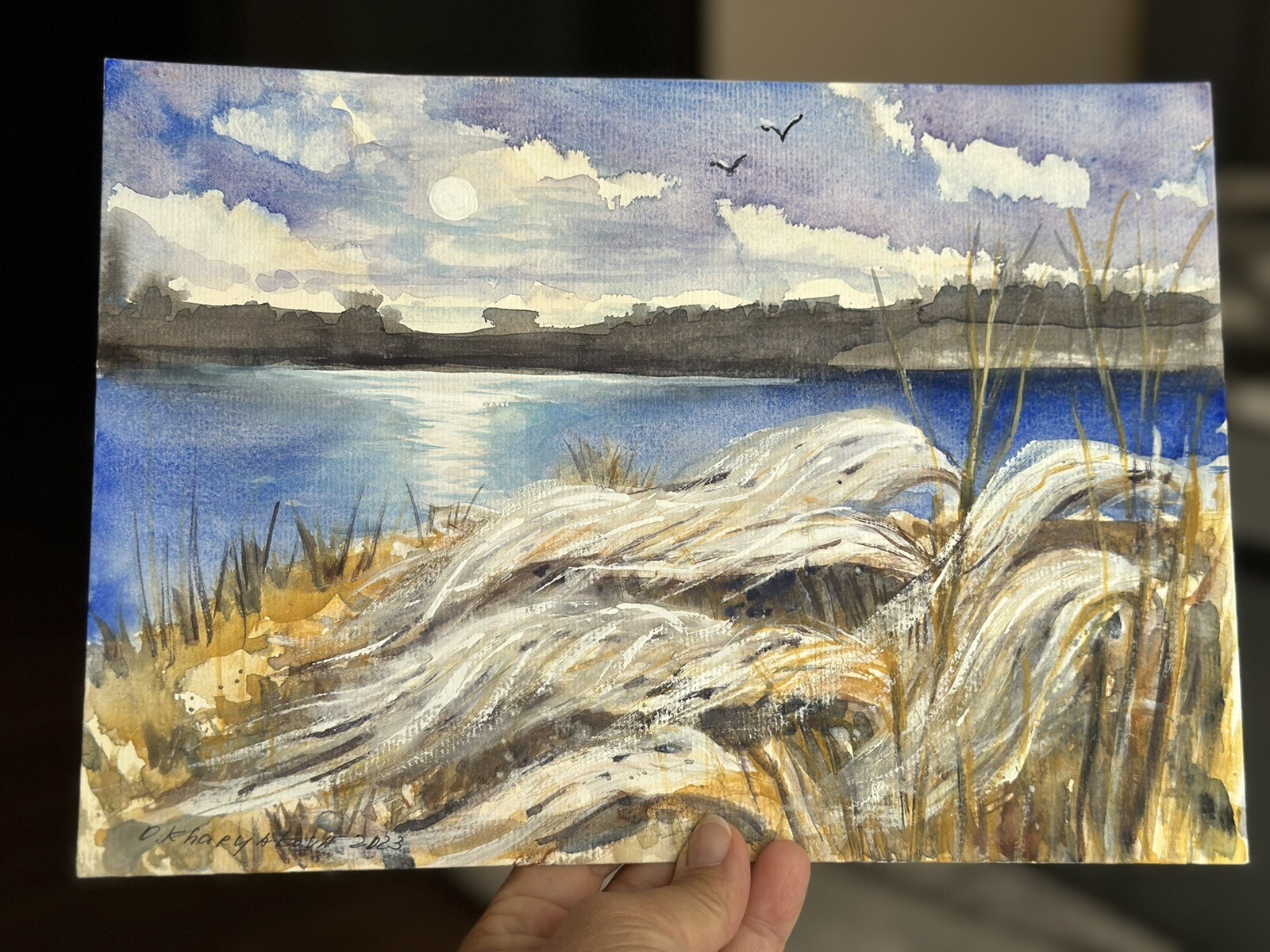 Original watercolour Spring landscape with trees and river reflection of clouds