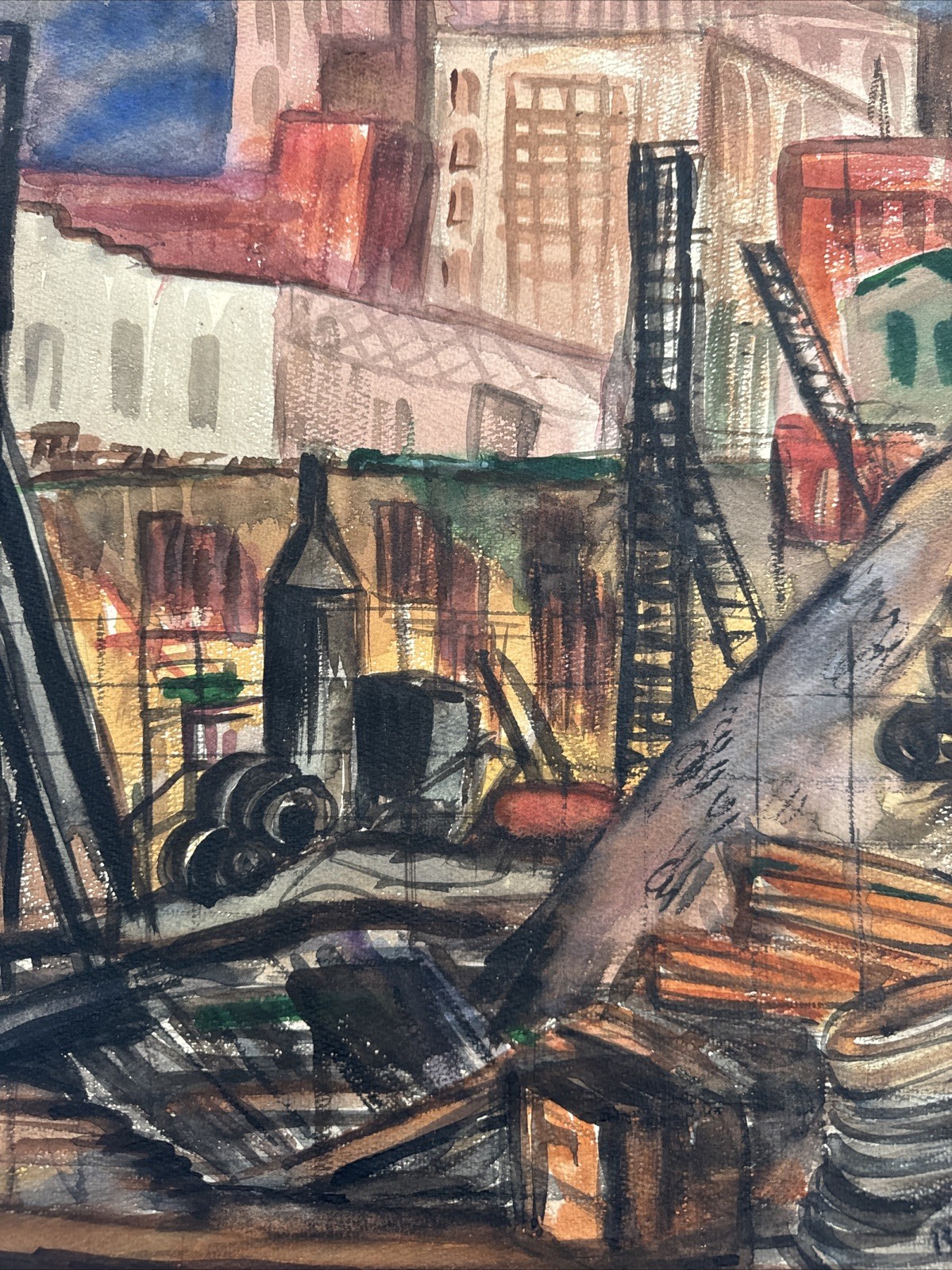 Antique Wpa Painting Industrial Urban Cityscape Chicago Exhibited Regionalism
