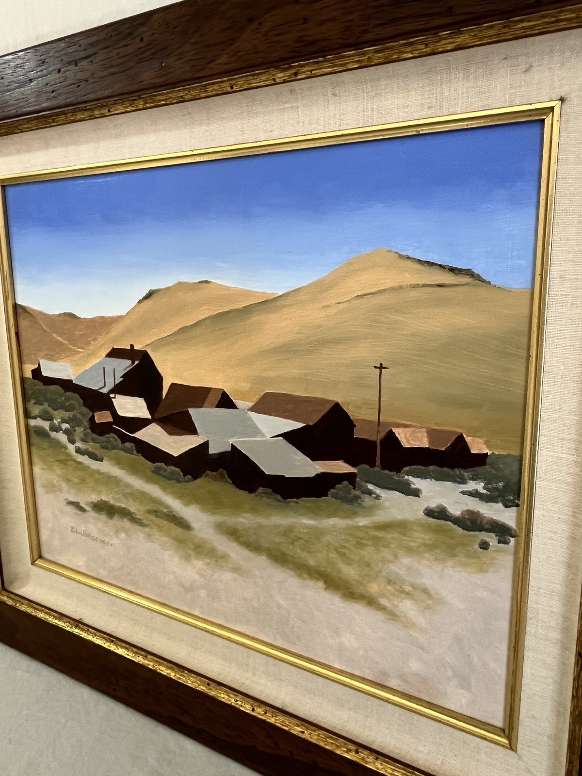 Vintage Framed Oil Painting of California Town Muted Landscape