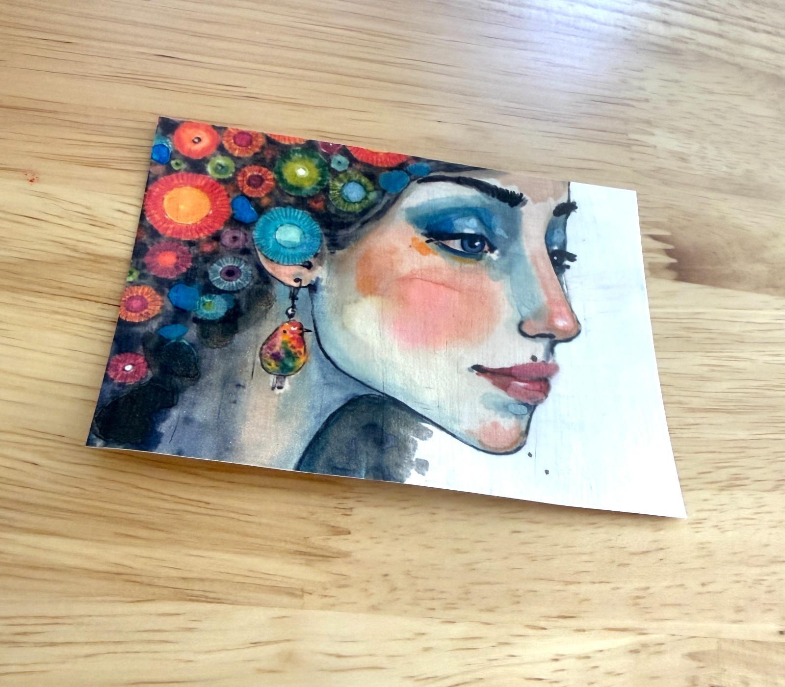Original Profile Portrait ACEO Painting Woman Bird Earring Watercolor OOAK Minia