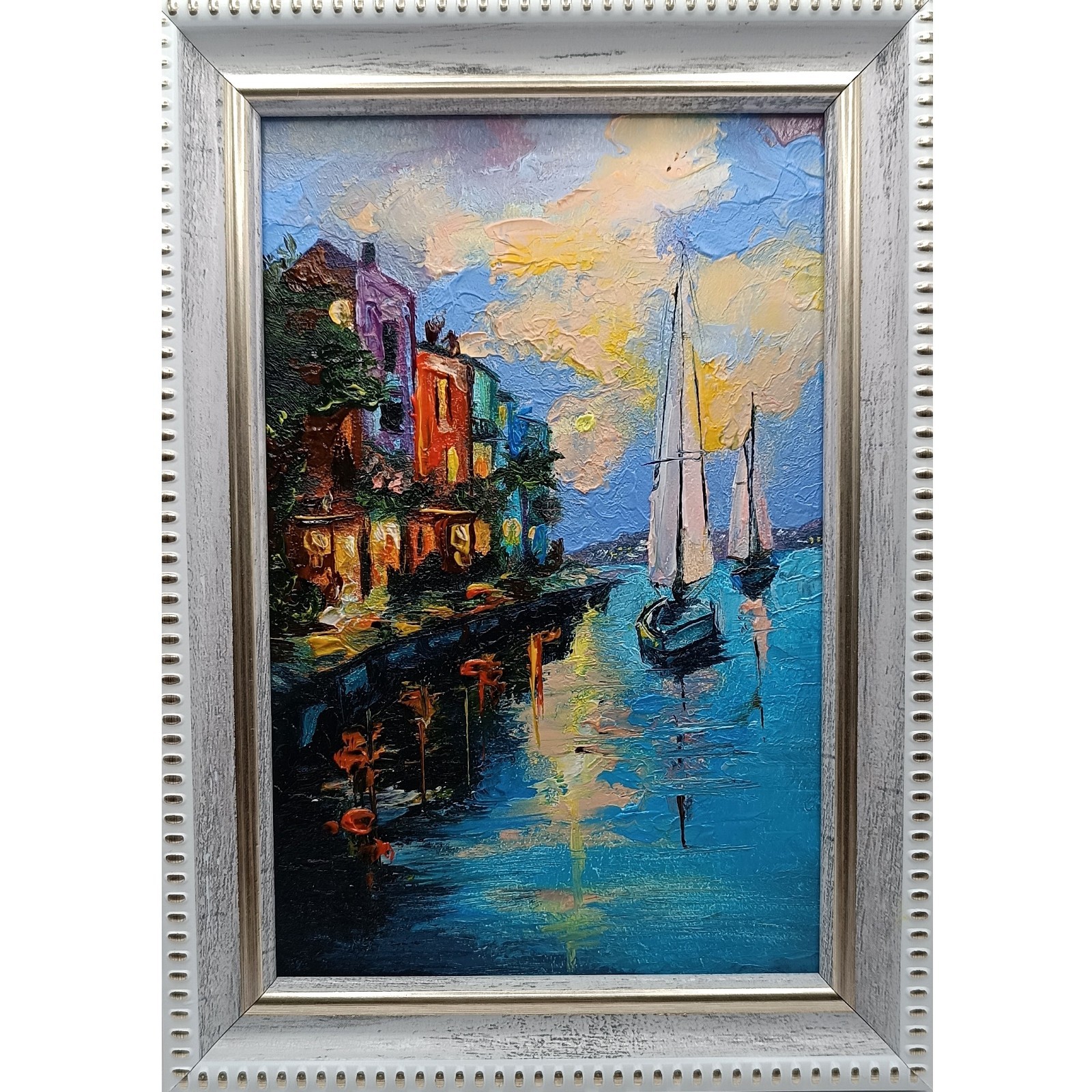 Original Coastal City Oil Painting Sailboat Framed Miniature Seascape Art 6×4