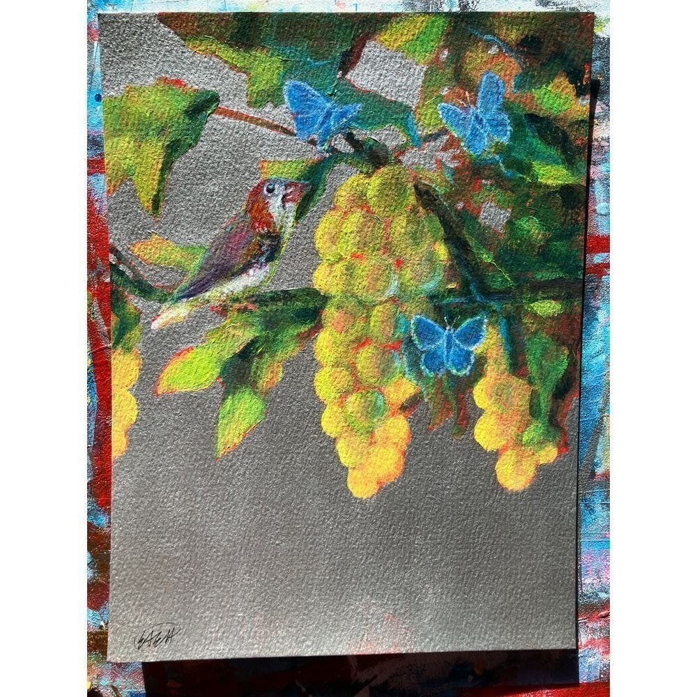 Original Bird butterflies Vineyard Painting art grapes silver Accents Artettina