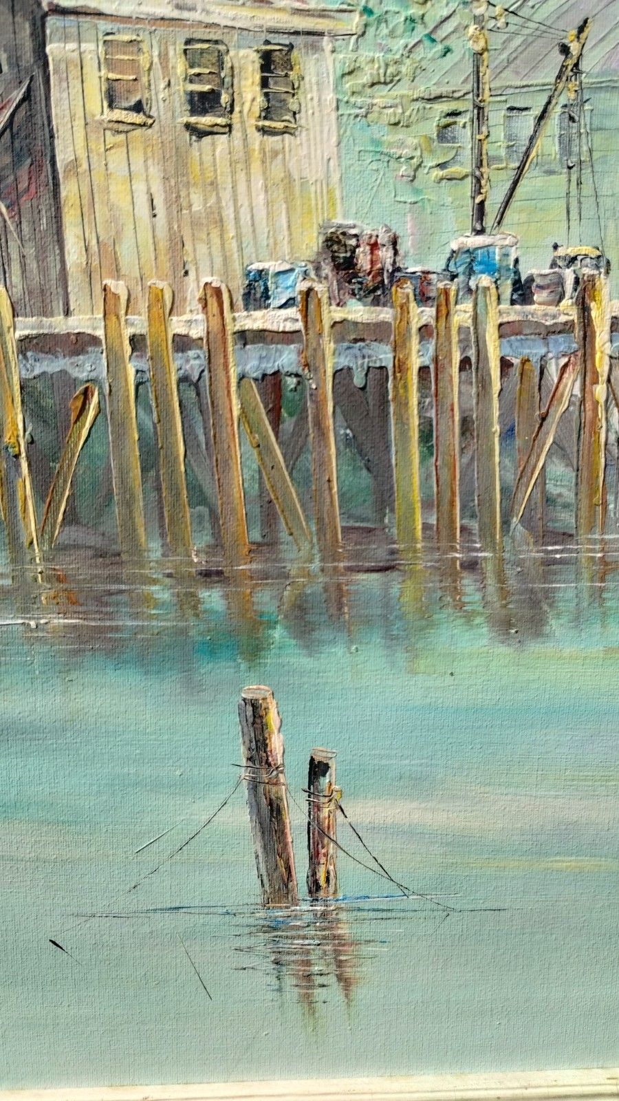 Huge John Luini New England Harbor Fishing Boat Vtg Canvas Oil Painting 52″x29″