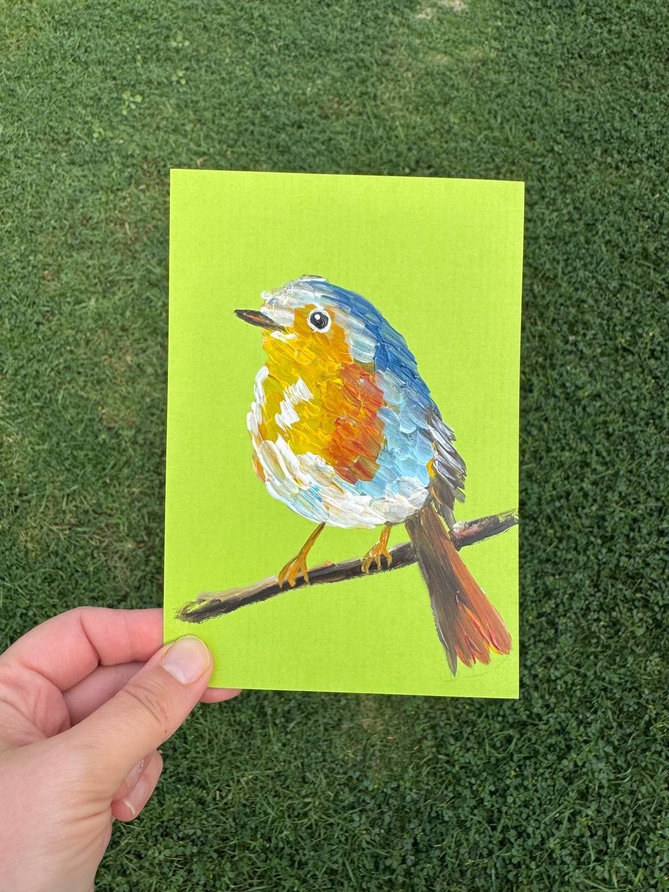 Original Bird Painting Small Art 4.5×6.5 in. Colorful Songbird Modern Wall Decor