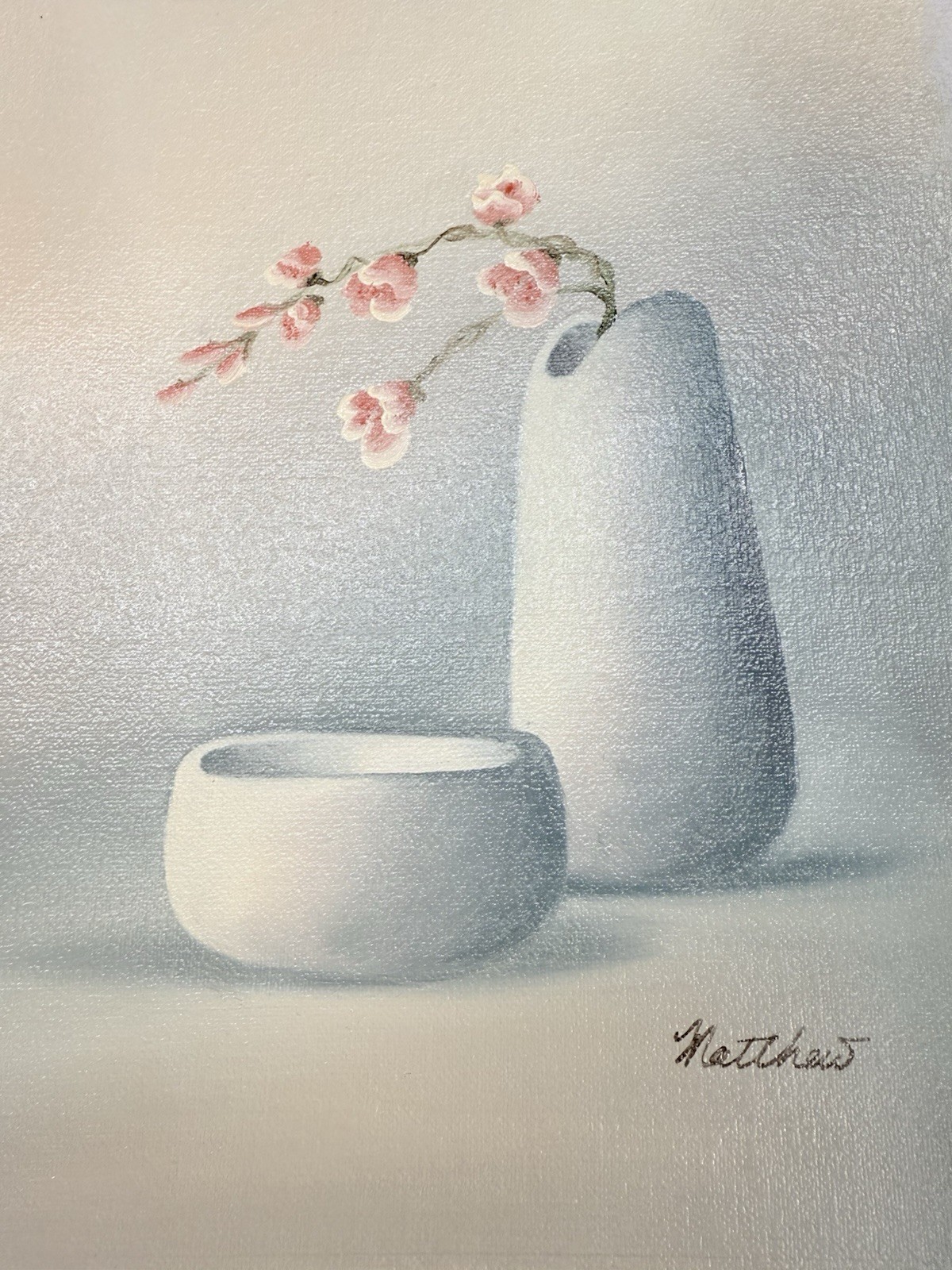Still Floral Painting Delicate Pink In Pots On Canvas Pastel 11.5×13.75 8×10 80s