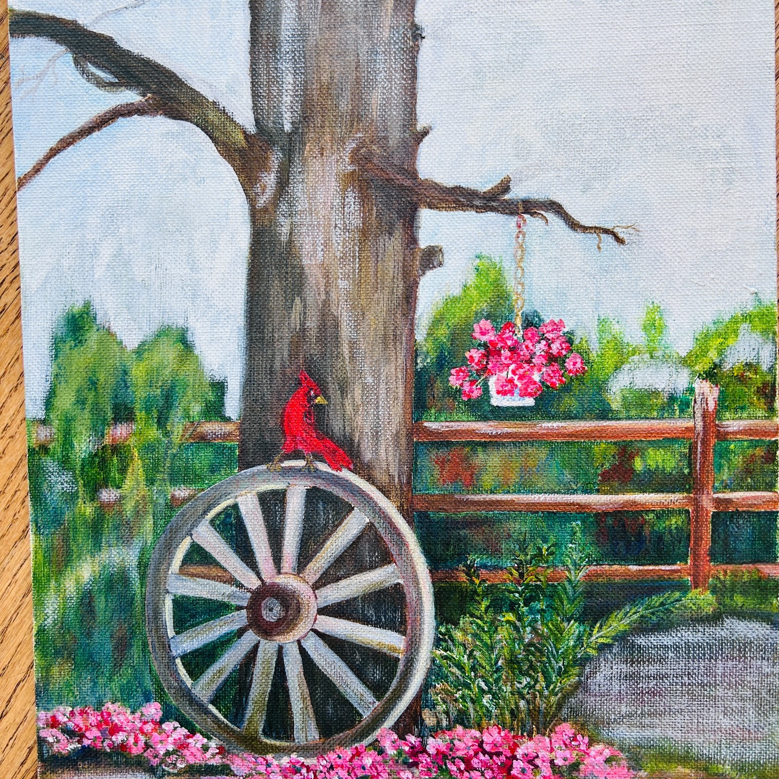 Original Painting on Board Cardinal on Wheel Tree Flowers Landscape Nature Art