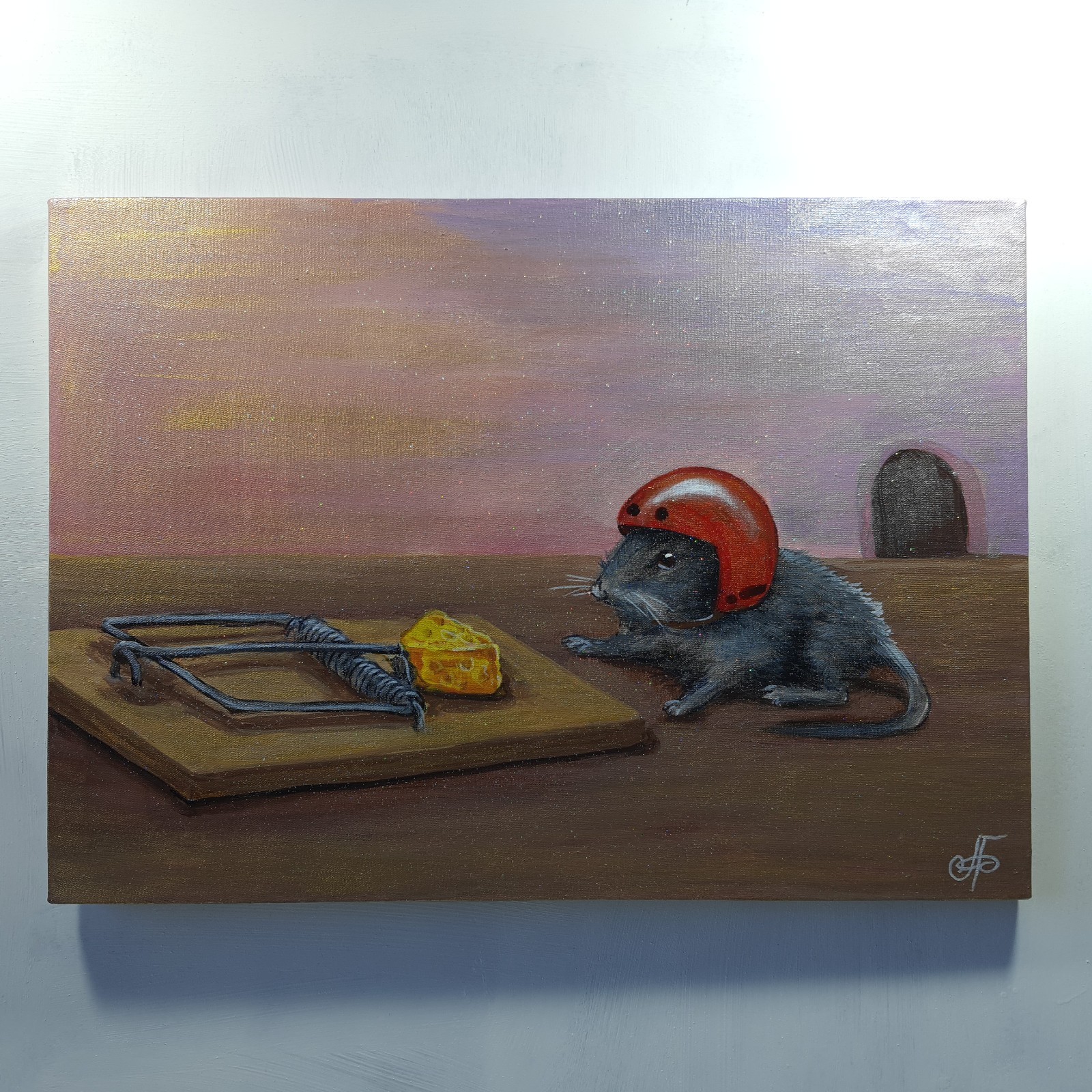 Original Acrylic Painting Thinking Mouse Red Helmet Cheese Trap Canvas Wall Art