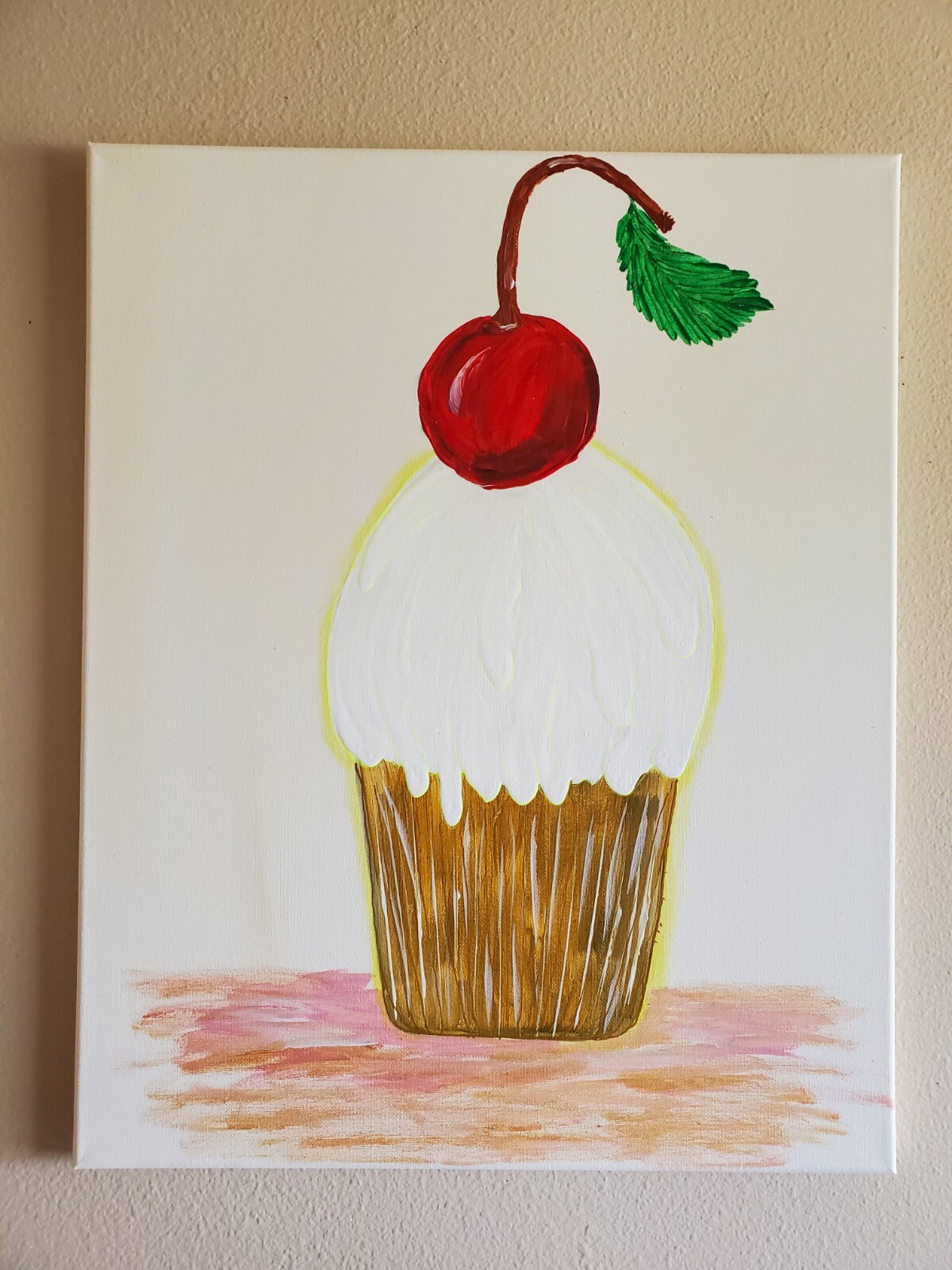 Handmade Painting Acrylic Wooden Frame 20×16 Art Decor Cupcake Cherry