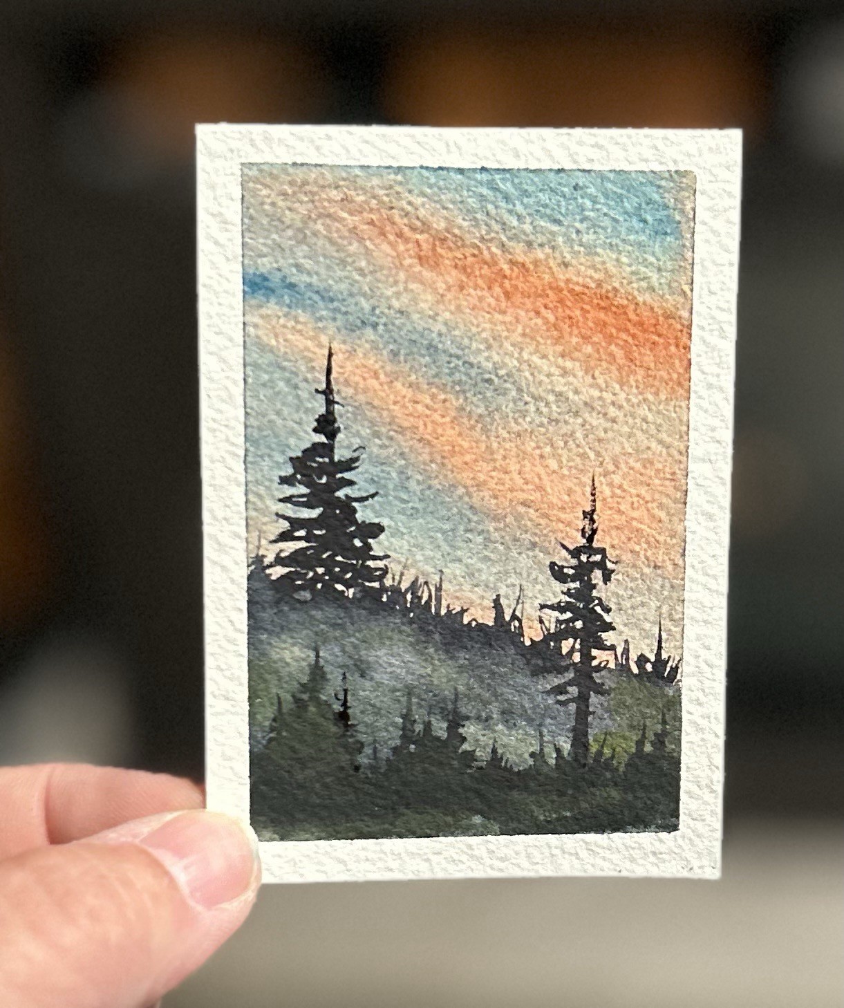 ACEO Pink Sunset Skies Watercolor Hillside Landscape Painting By Sasha Lehto