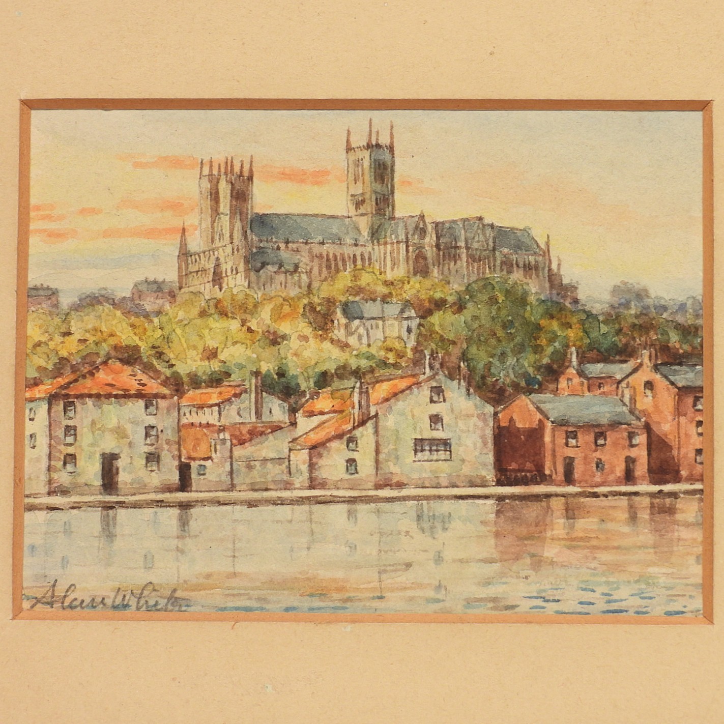 Miniature! Alan White Durham Cathedral European Watercolor Painting 3.5″ x 4.5″