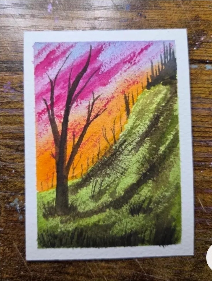 ACEO Original painting Beautiful Sunset Tree (2.5×3.5 inches) Watercolor