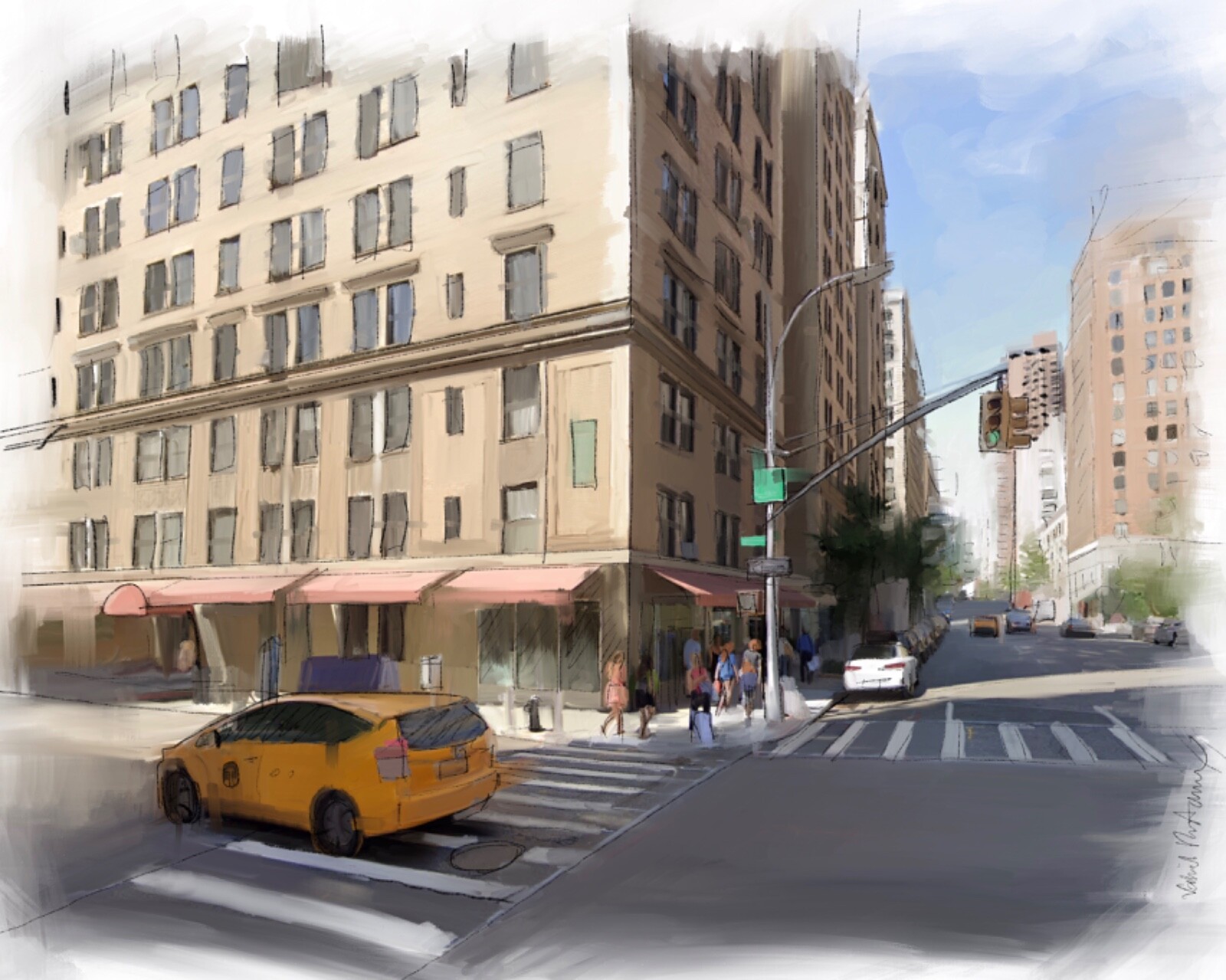 A706-Digital Painting Print, ‘Summer in Madison Avenue»,Gift NYC Manhattan ACEO