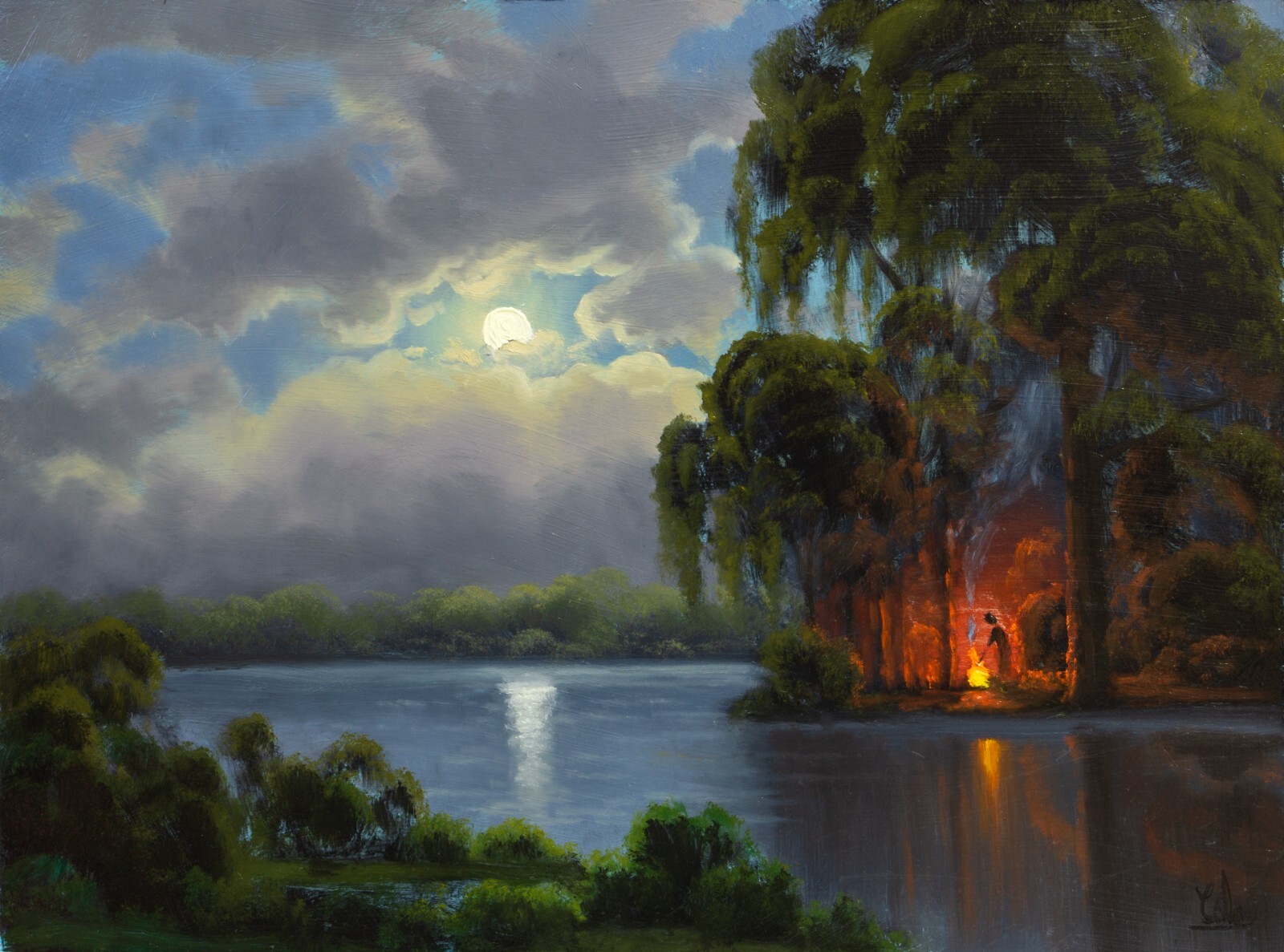 Oil Painting Original Vintage Florida Highwaymen Like Art Campfire MAX COLE bs69