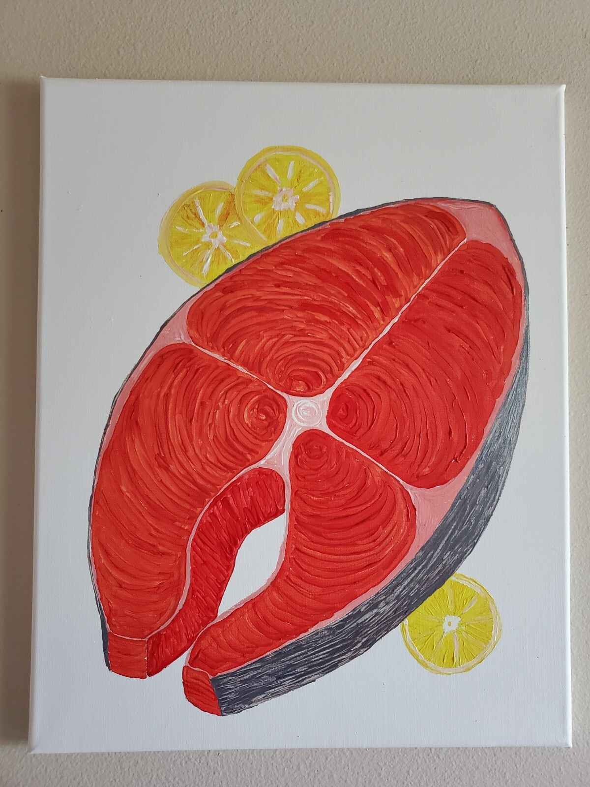 Acrylic Painting Wooden Frame 20×16 Art Decor Fish Salmon Steak Food