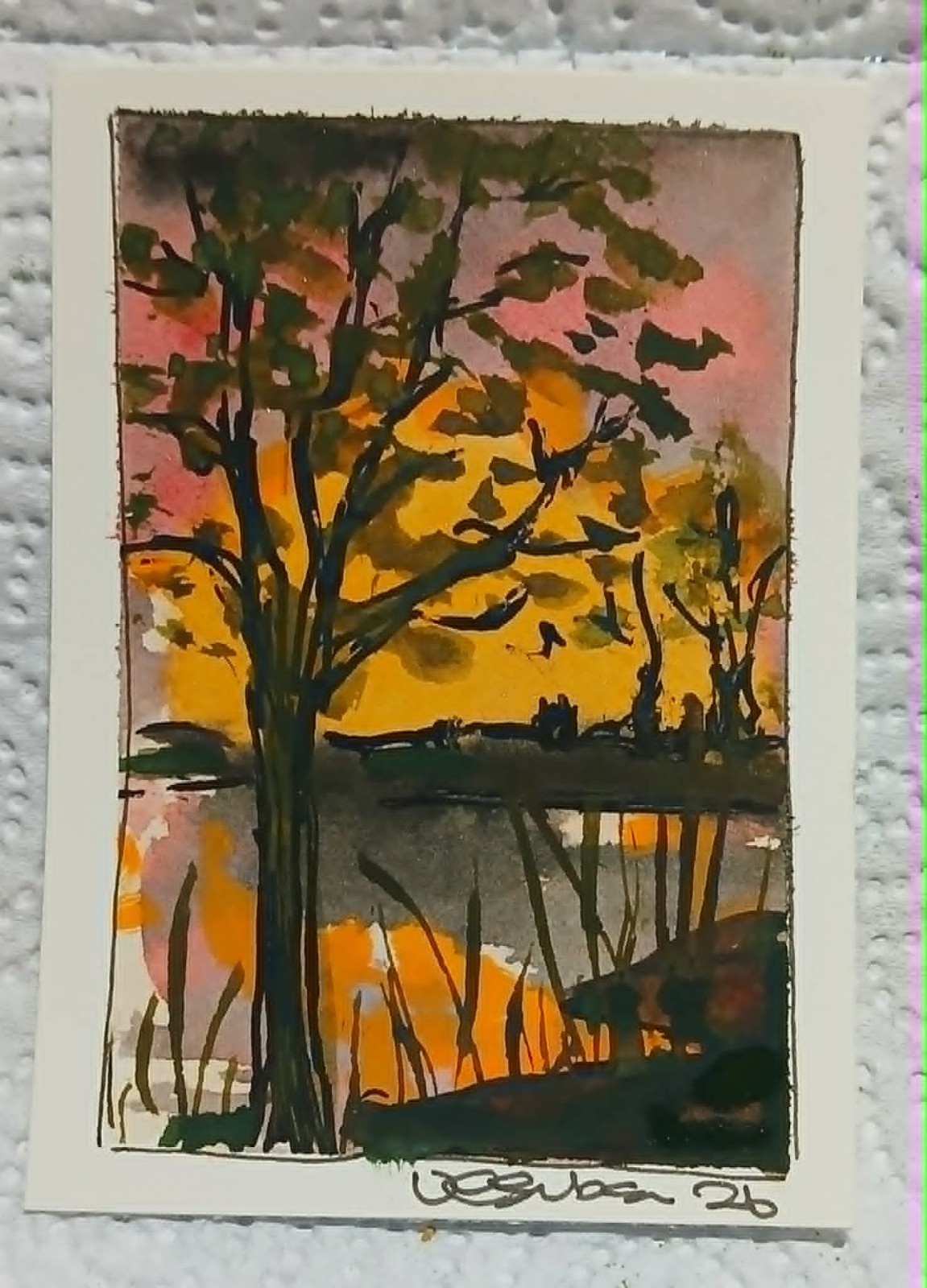OOAK Impressionist Sunset Lakeside ACEO – Watercolor Miniature Art by Virginia