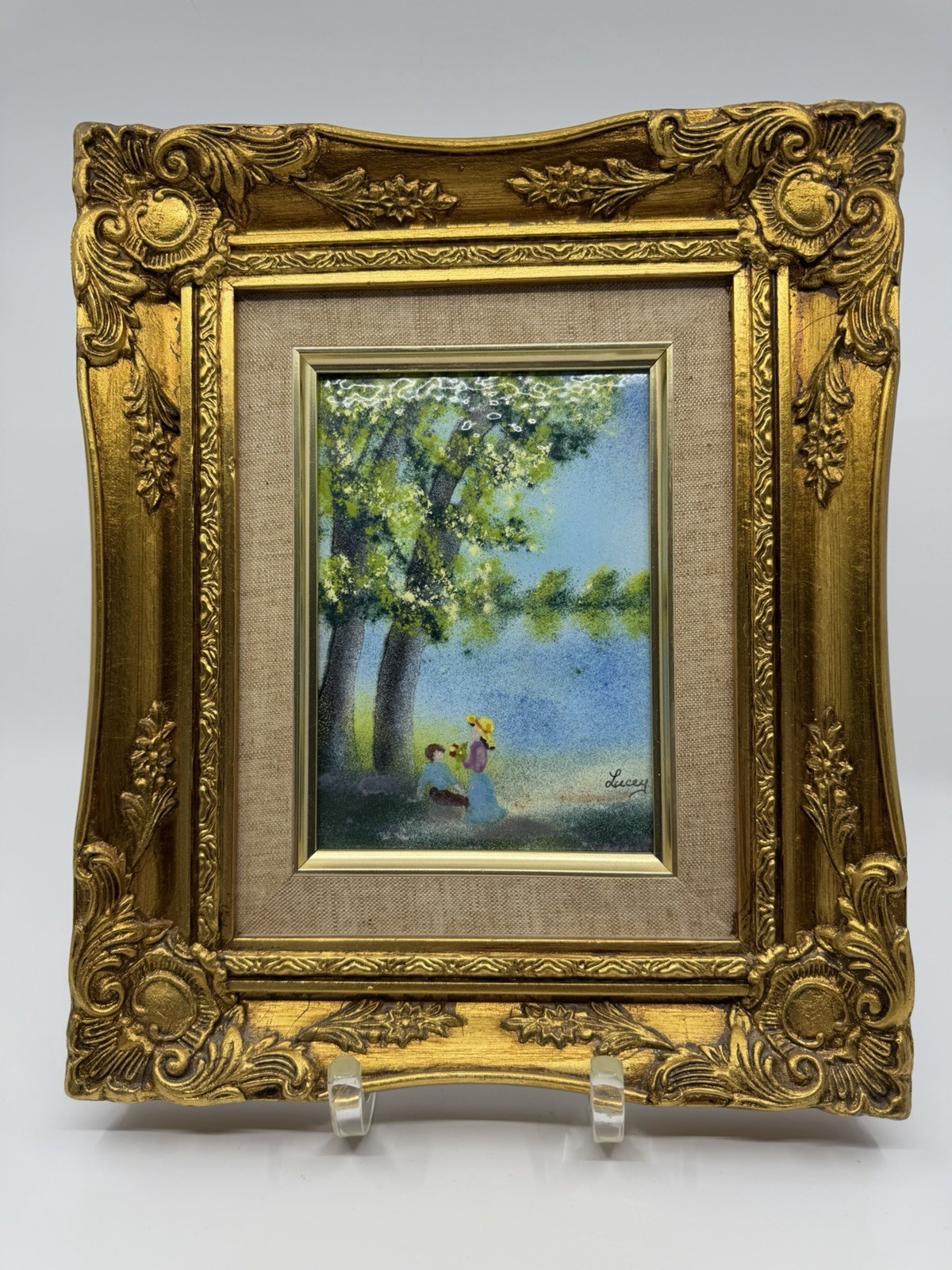 Vintage Jean Lucey Enamel On Copper Painting of Man & Woman Under Tree Near Lake