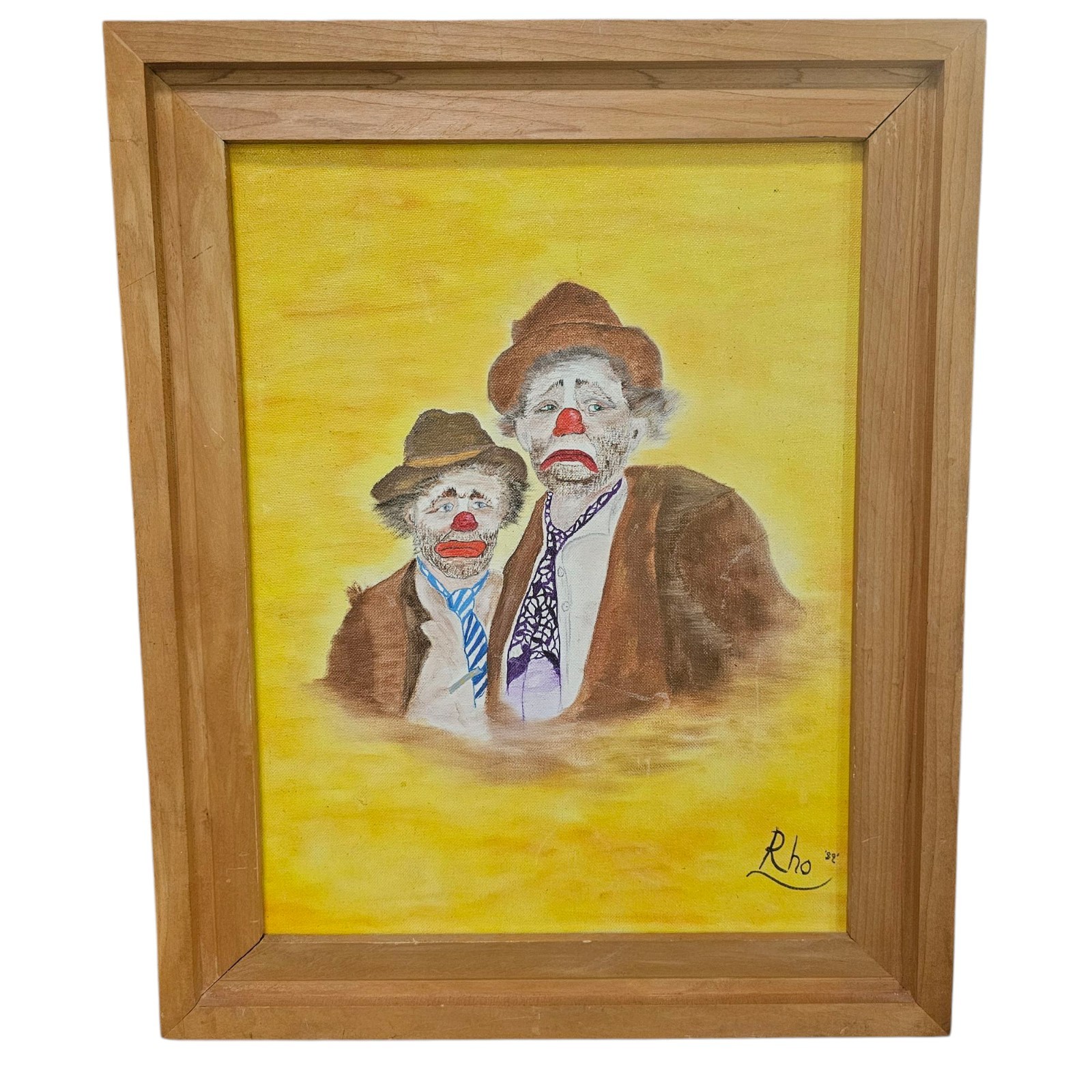 VTG Painting Of Sad Clowns Signed-Solid Maple Frame – 18×22