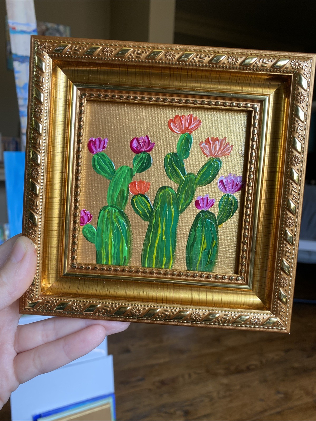 Cactus,abstract Flower,Original Acrylic Painting On Canvas Panel,4/4 Framed
