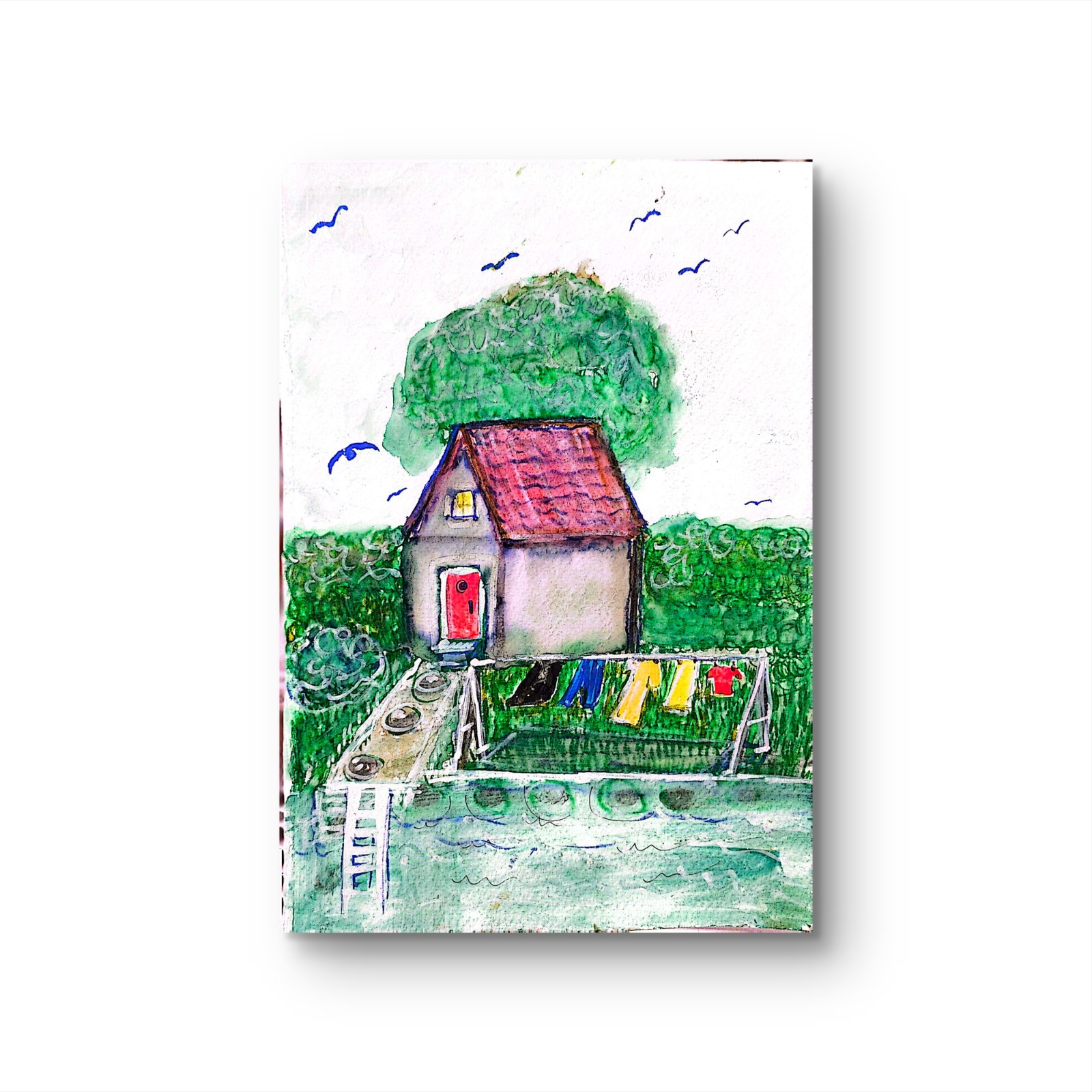 Laundry On The Line Contemporary Expressionist Original 7×10 Watercolor Painting