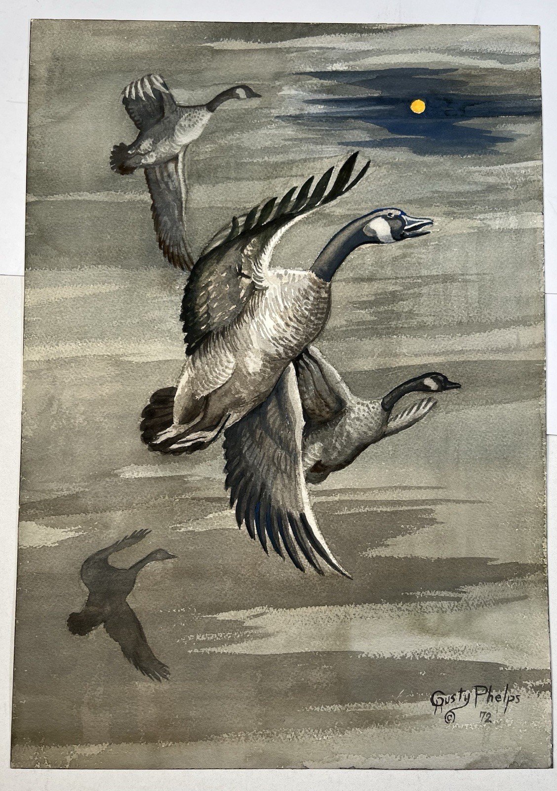 Rusty Phelps Vintage Canadian Geese Flying Watercolor & Ink Painting 20×14”
