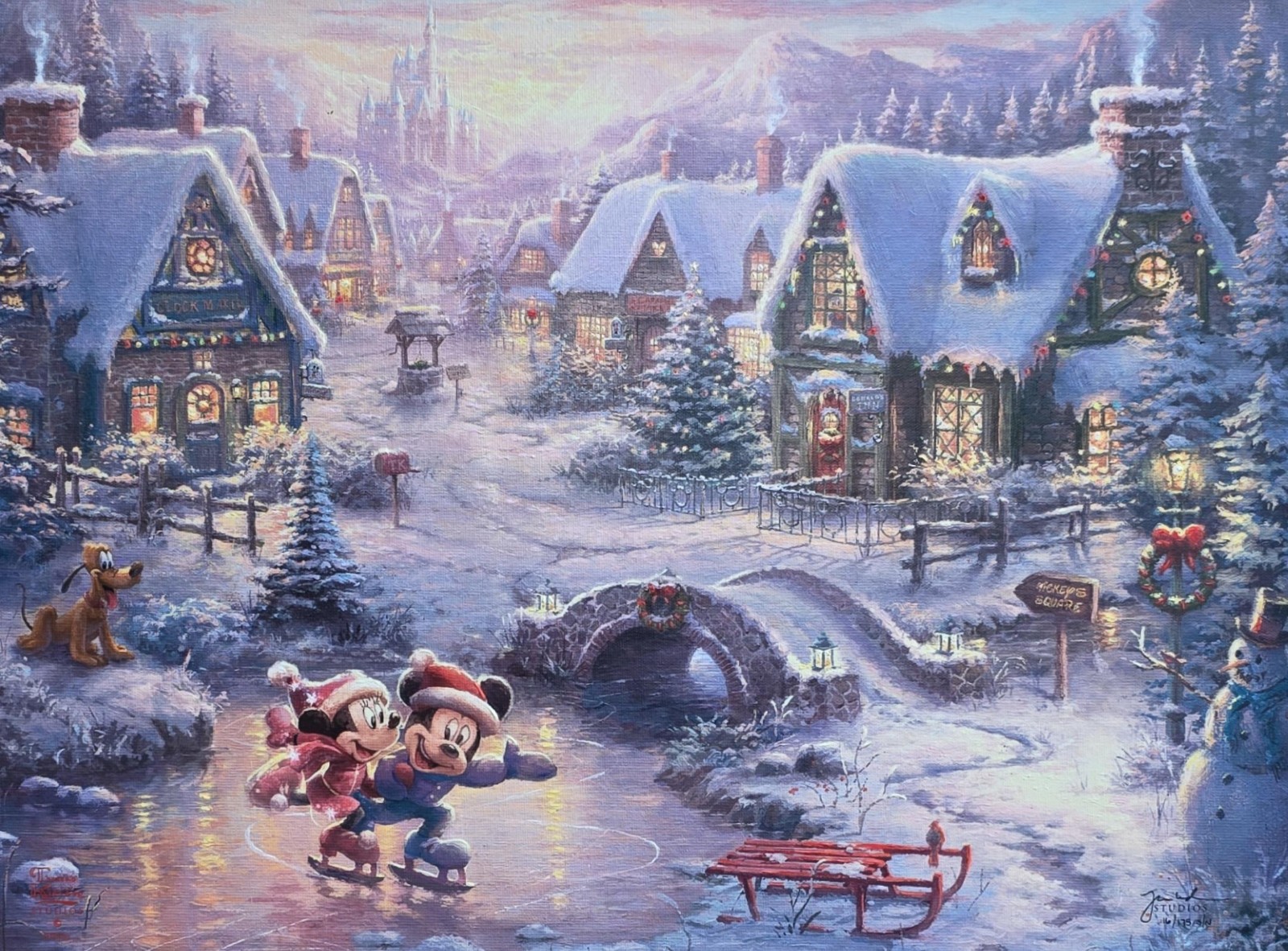 Thomas Kinkade Mickey and Minnie Sweetheart Holiday 18×24 COA 16/175 S/N M/H