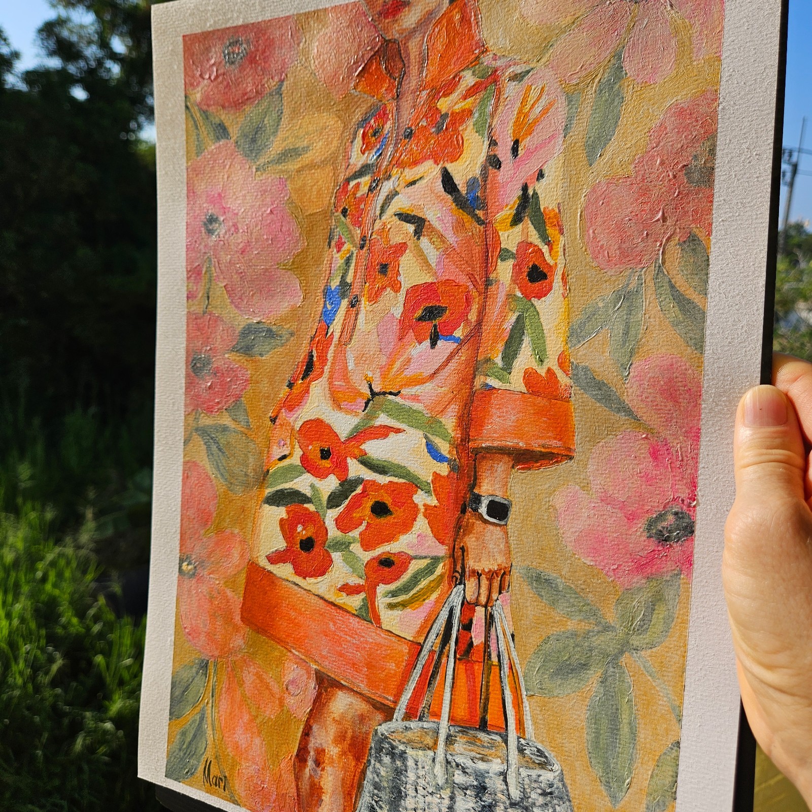 Orange Flowers Original Painting Dress Floral Fashion Woman Stylish Figure Art