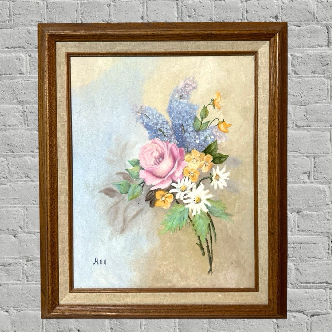 VINTAGE FRAMED Still Life Flowers Floral Oil Painting SIGNED ANN 18X14.5