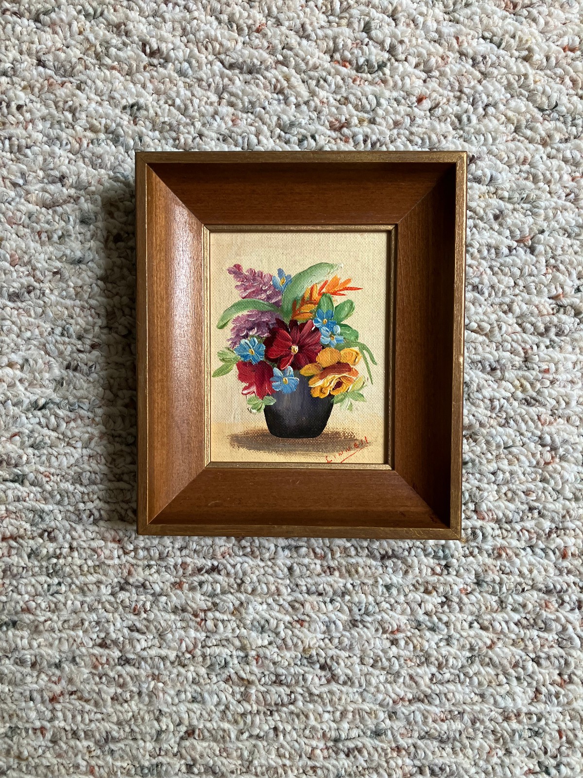 VTG 1940s-60s 4×5 Original Oil Painting in VTG Solid Wood Frame; E Linnell