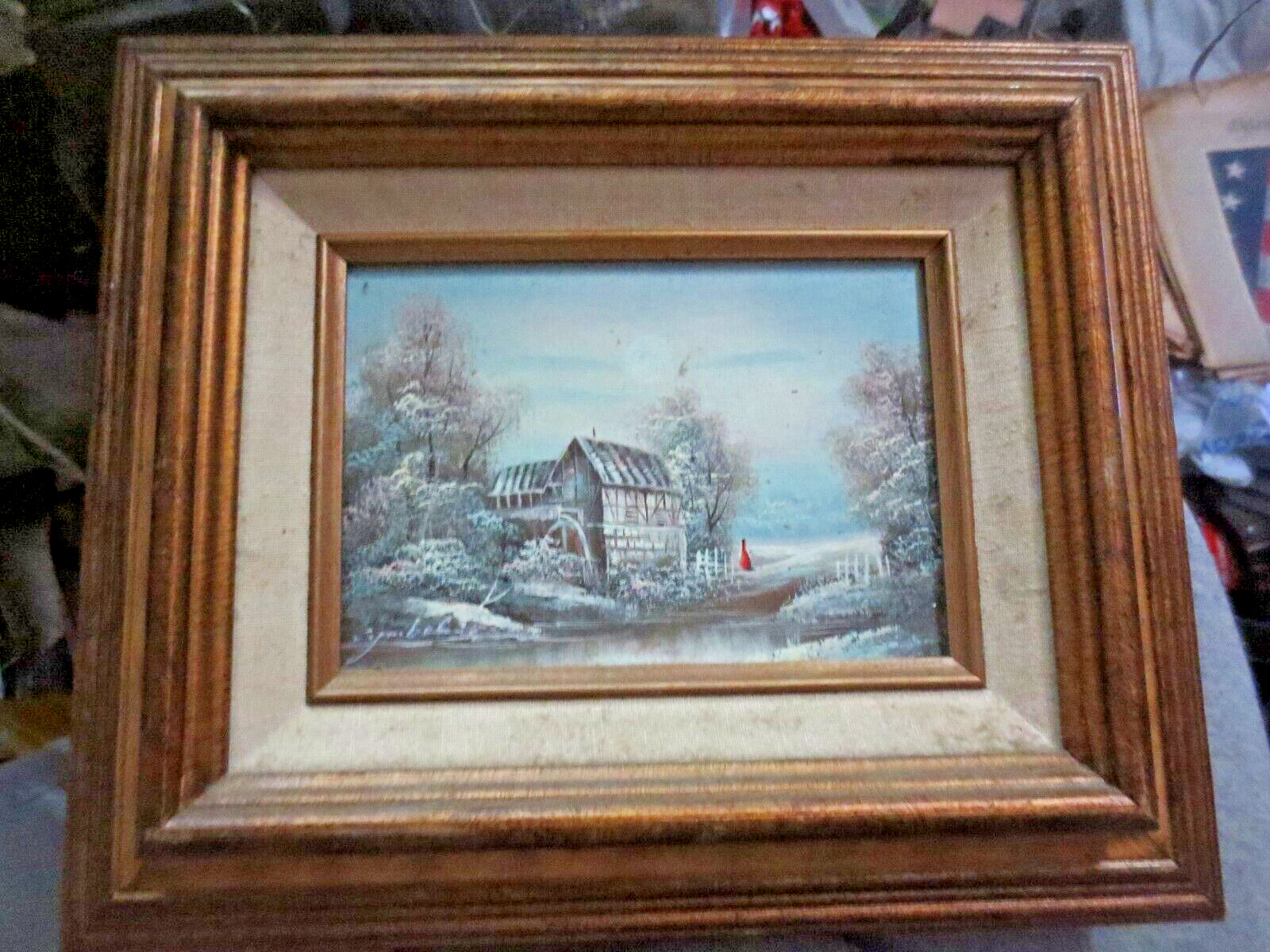 Vintage oil painting 5 x 7 framed Barn with Lady in Red Signed