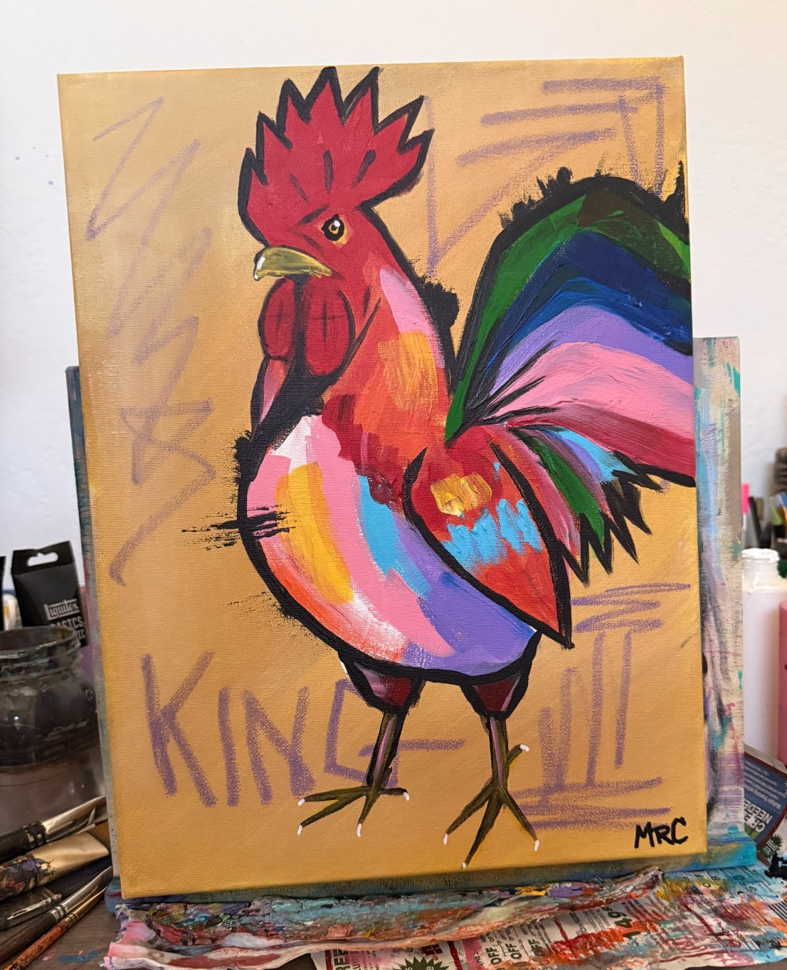 Hand Painted 12×16 Rooster Bird Acrylic Painting Canvas Bedroom Wall Decor