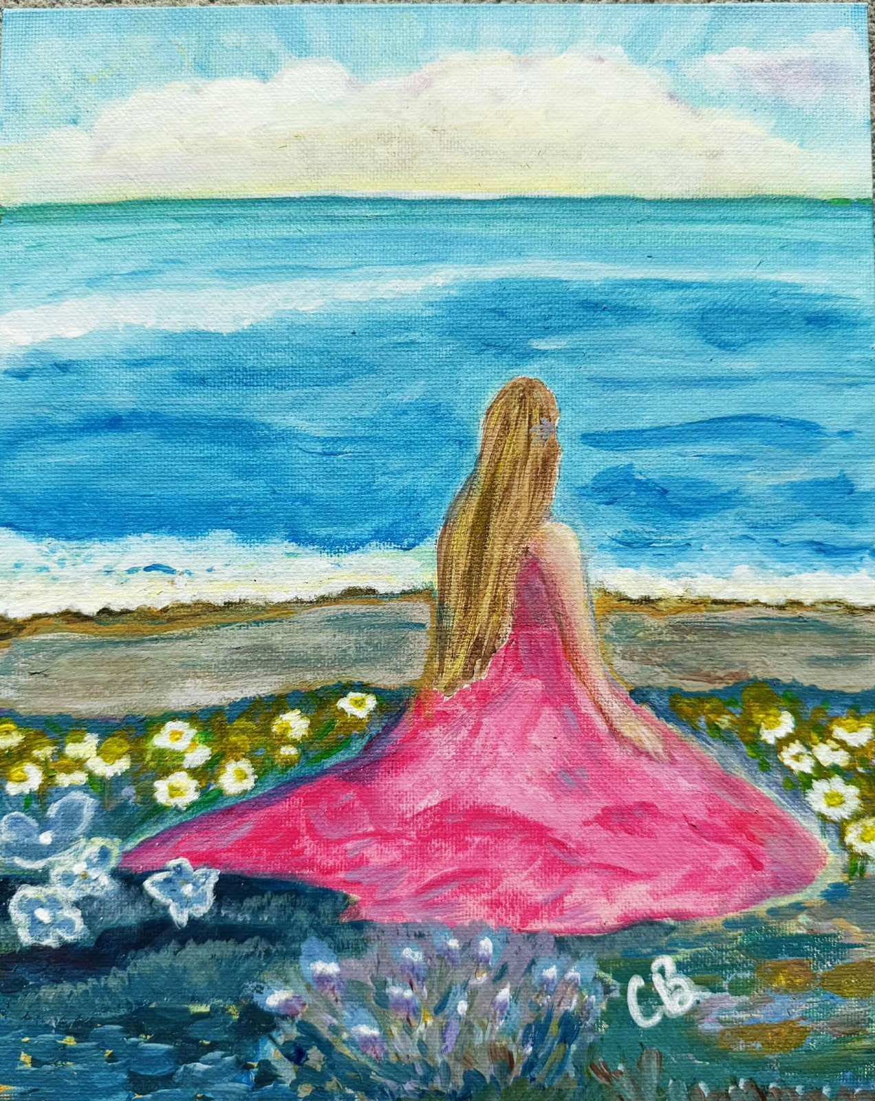 Original Painting Handmade Impressionism Seascape Landscape Dreamy Pink Dress