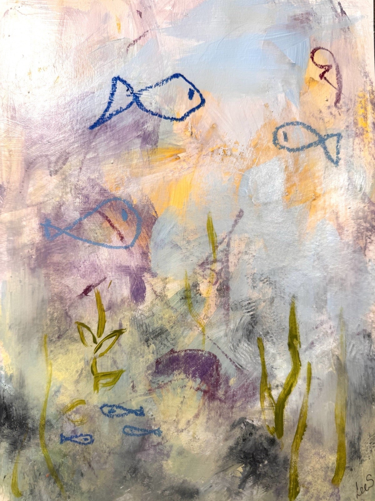 Original Abstract Expressionism 9X12 Fish Pond Paper Colorful Handmade Signed 10