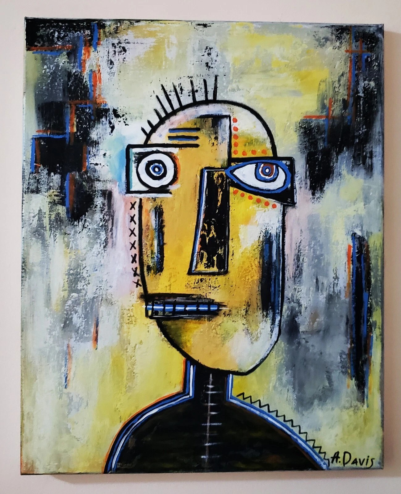 A.Z. Davis 20″ x 16″ Painting Abstract Modern Folk Pop Outsider Art Portrait Men